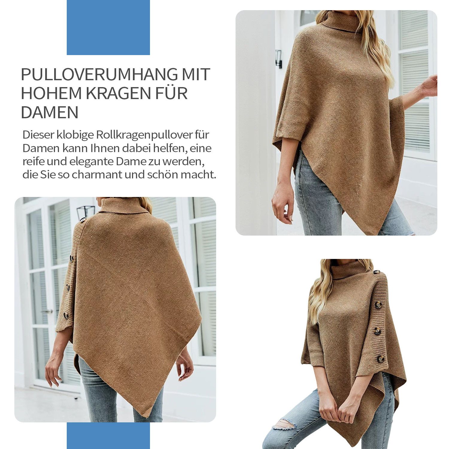 Refttenw Poncho Unregelmäßiger Umhang,Umhang mit hohem Kragen,lässiger Pull günstig online kaufen