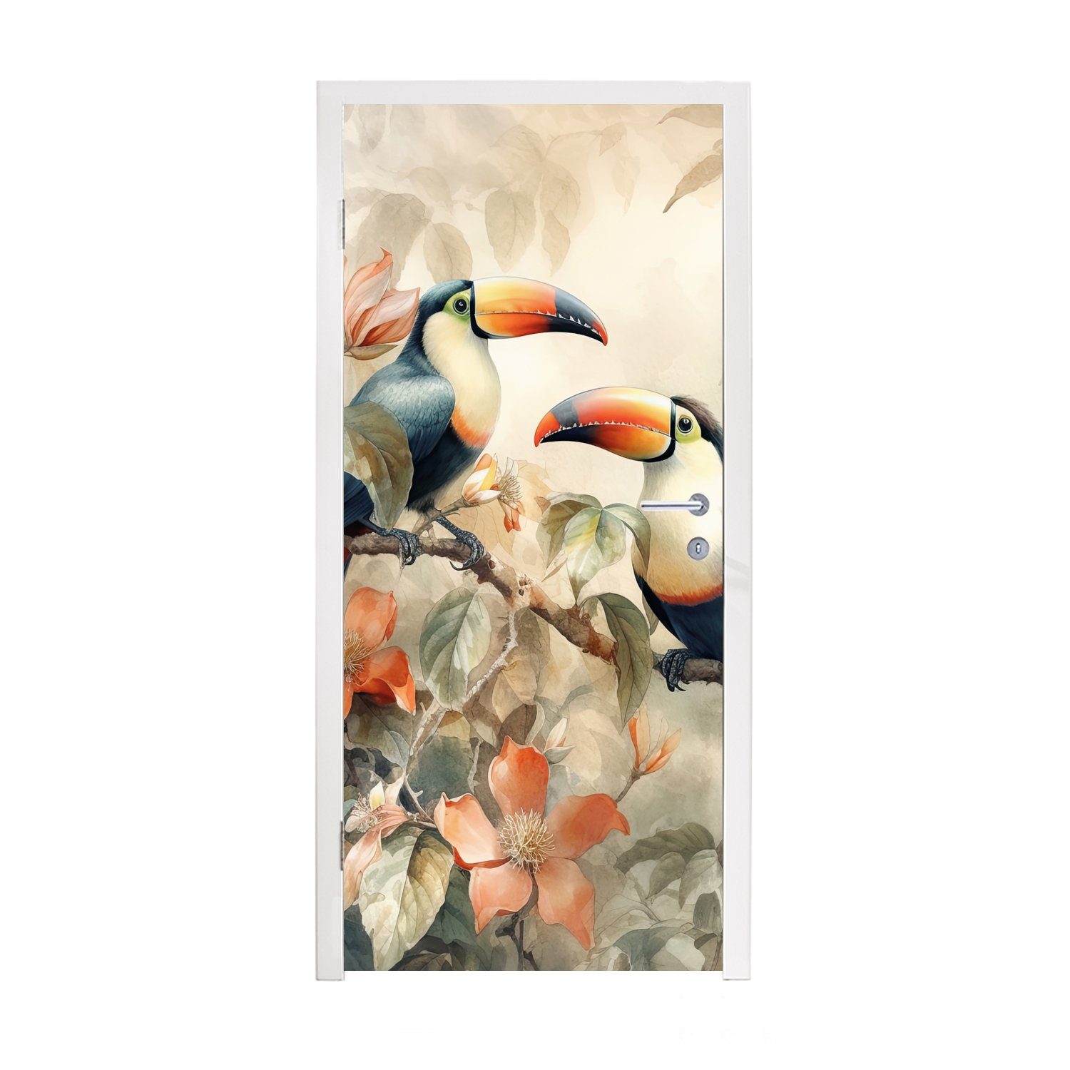 MuchoWow Türtapete Tukan - Vögel - Blumen - Zweig, Matt, bedruckt, (1 St), Fototapete für Tür, Türaufkleber, 75x205 cm