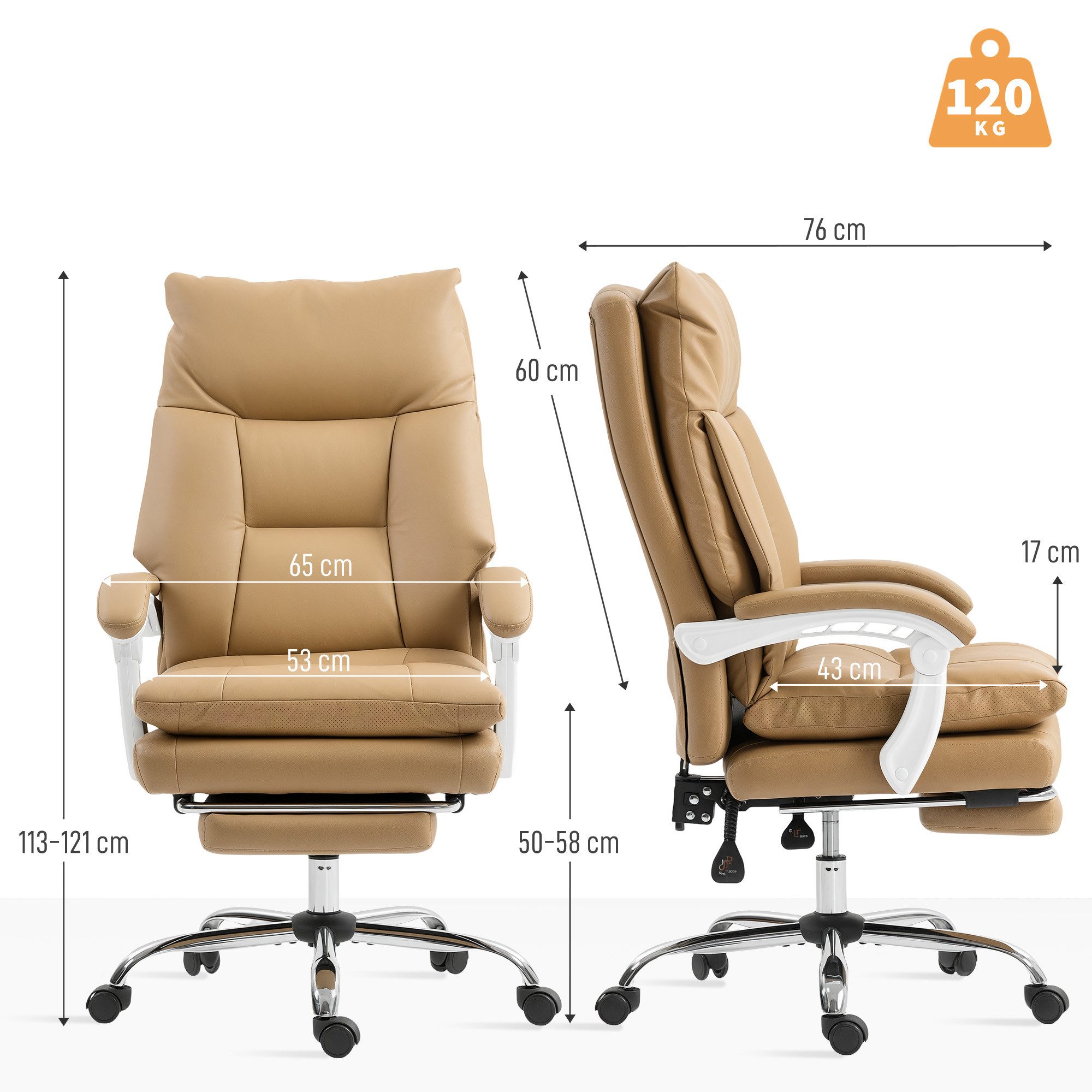 HOMCOM Schreibtischstuhl mit Lendenwirbelstütze, Klappbar Armlehne, Fußstütze, Liegefunktion (ergonomischer Bürostuhl, 1 St), Kunstleder, Gepolstert, Hellbraun