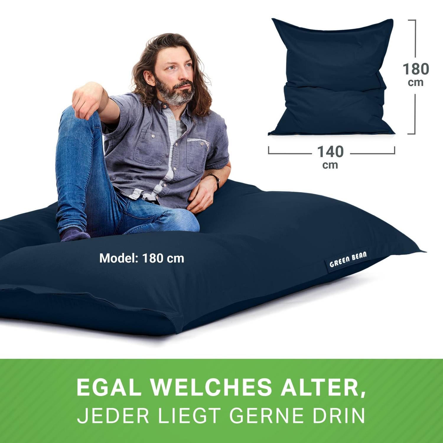Green Bean Sitzsack XXL Outdoor Sitzsack Square 140x180cm (XXL Riesensitzsack 140x180cm 380 Liter Kinder & Erwachsene Bean Bag EPS Perlen Füllung, Groß Draußen  – Bild 5 von 5