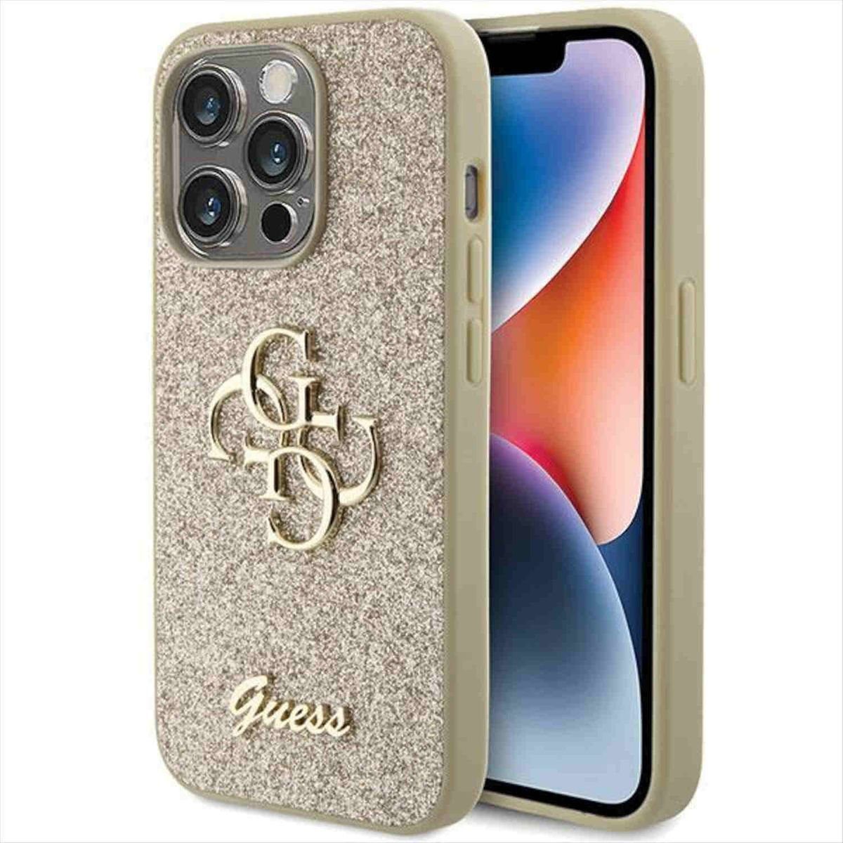 Guess Smartphone-Hülle Guess Apple iPhone 15 Pro Schutzhülle Case Glitter Script Big 4G Gold