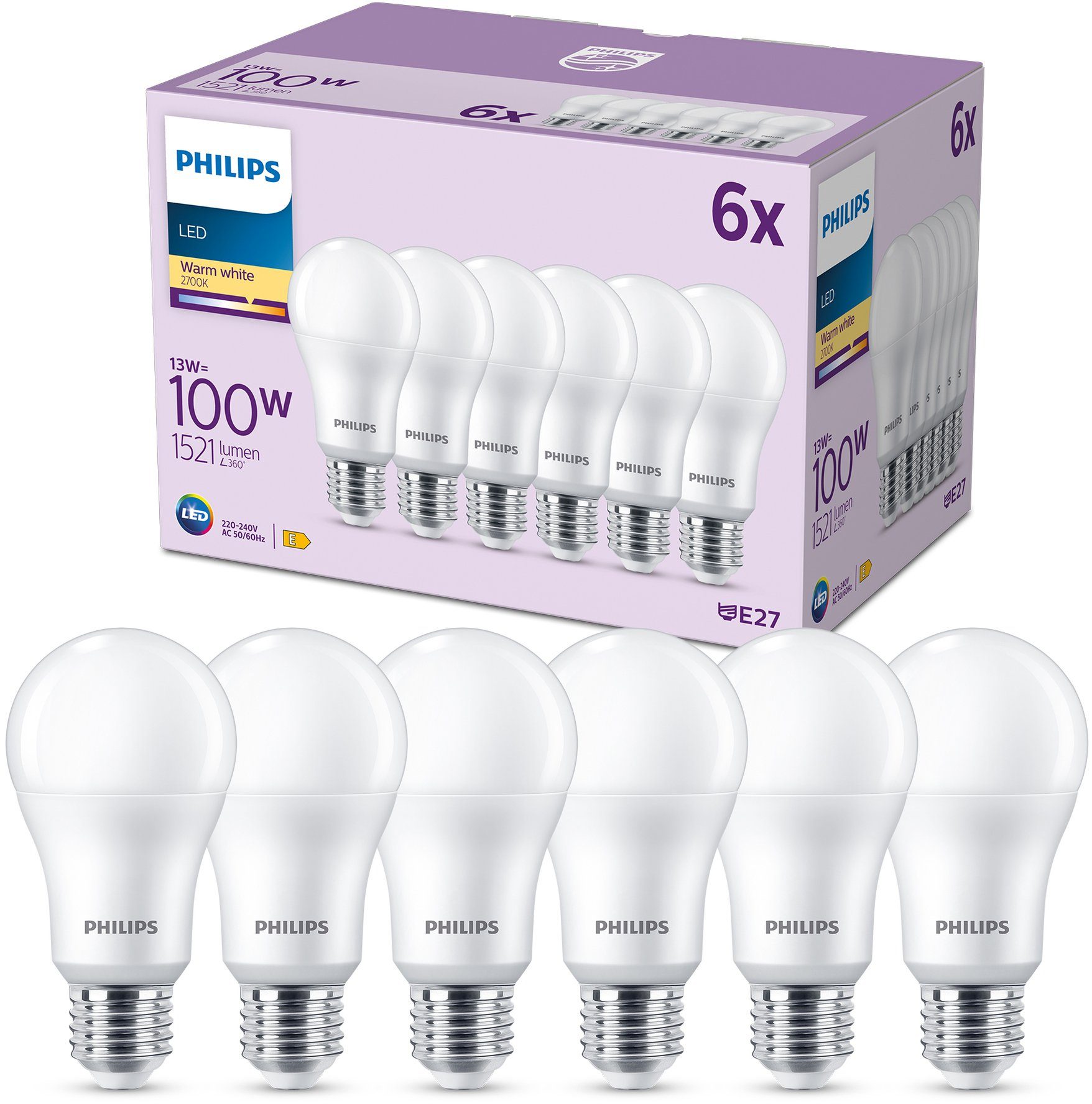 Philips LED-Leuchtmittel LED Warmweiß E27 1521lm E27, Warmweiß P, 6er Lampe 100W matt classic