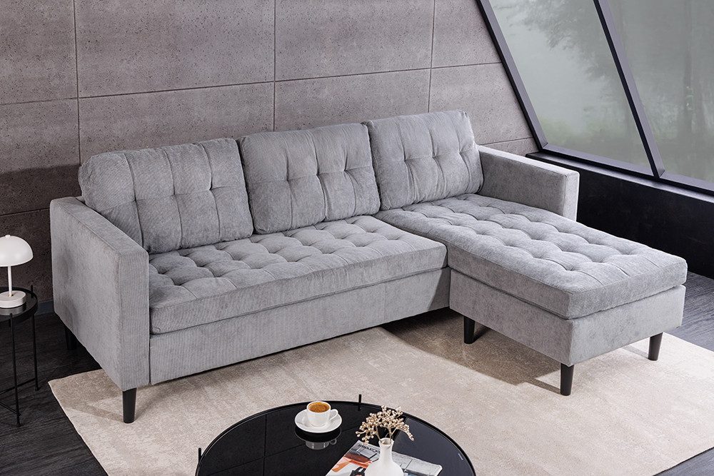 riess-ambiente Ecksofa STOCKHOLM 220cm grau · Couch mit Cordbezug und Federkern-Polsterung, Einzelartikel 1 Teile, 3-Sitzer in L-Form · inkl. Kissen · Ottomane rechts & links · Retro