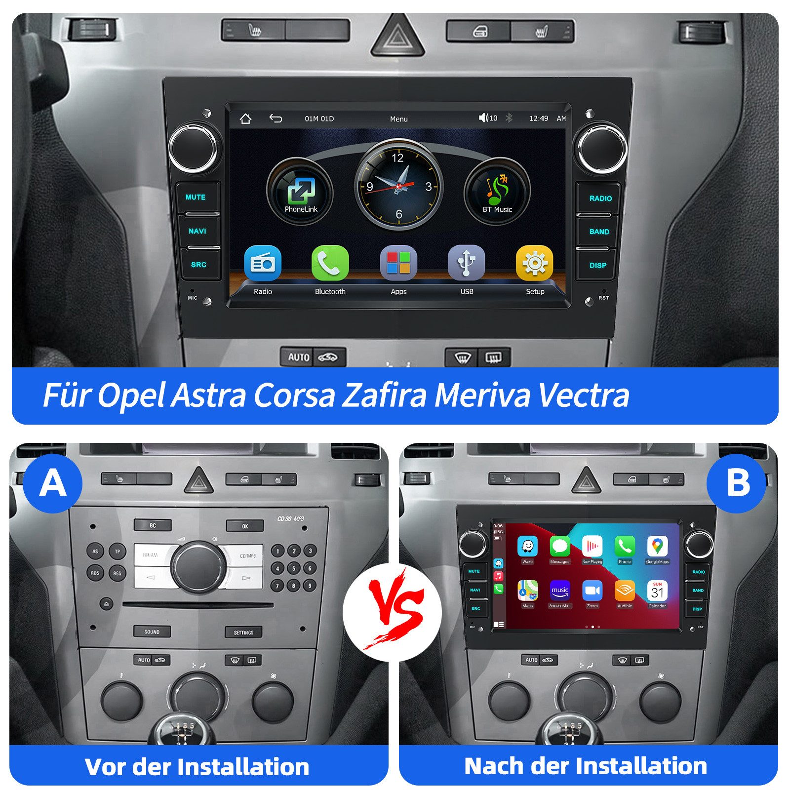 ESSGOO 7'' Android 15 WinCE für Opel Astra H/Corsa C/D/Vectra C/Zafira h 2DIN Navigationsgerät (Apple Carplay Android Auto GPS Navi WIFI BT EQ) – Bild 4 von 5
