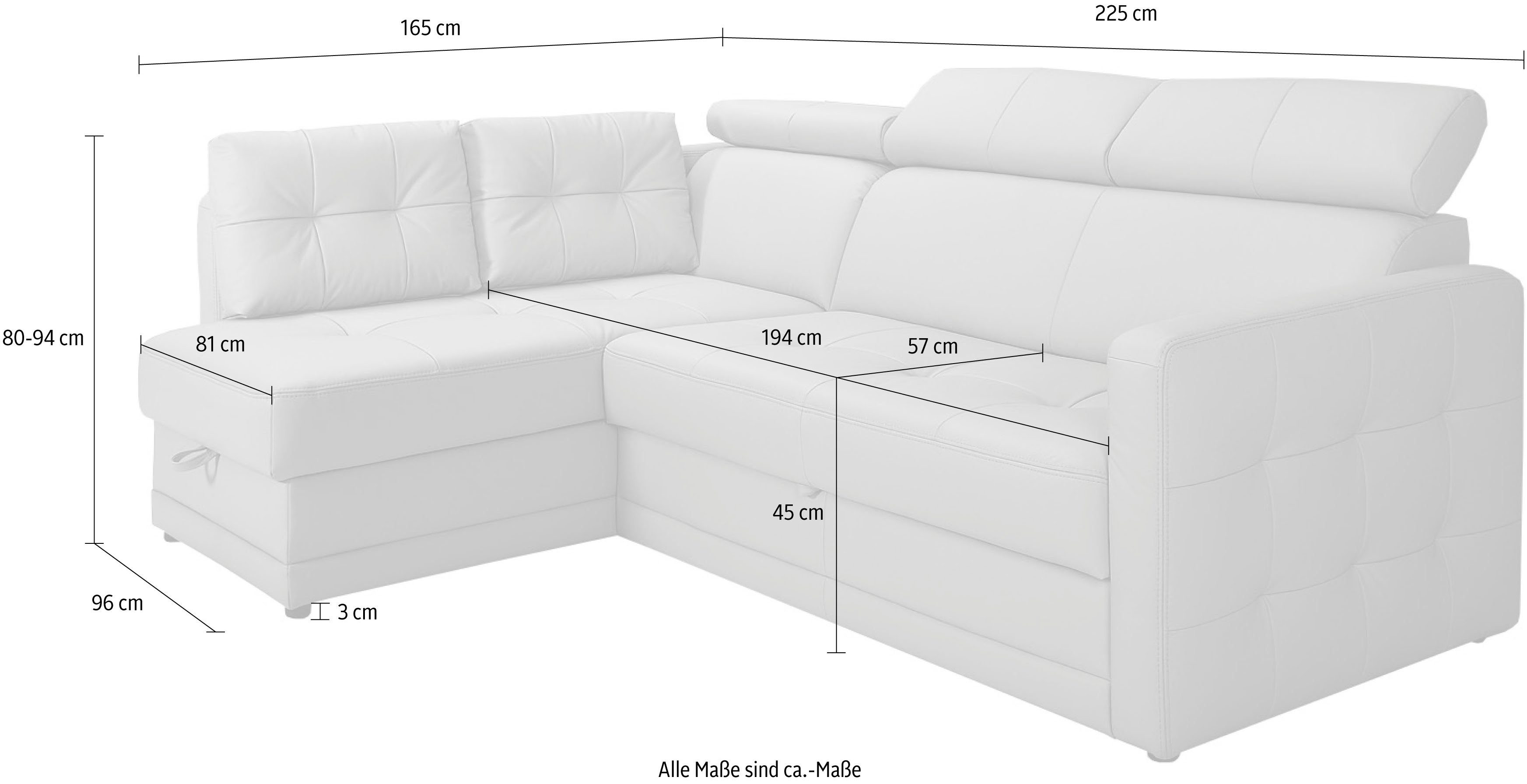exxpo - sofa fashion Ecksofa Arles, Federkern, zeitlos, Breite 225cm, L-Form, wahlweise mit Bettfunktion und Bettkasten, inkl. Kopfteilverstellung