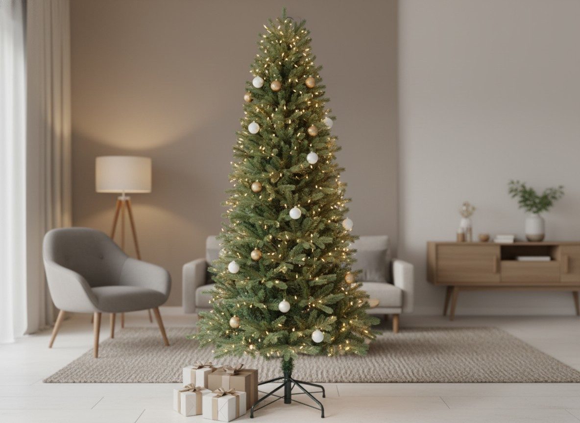 Home Feeling Künstlicher Weihnachtsbaum DELUXE 210 cm – mit schmaler natürlicher Silhouette & Metallständer