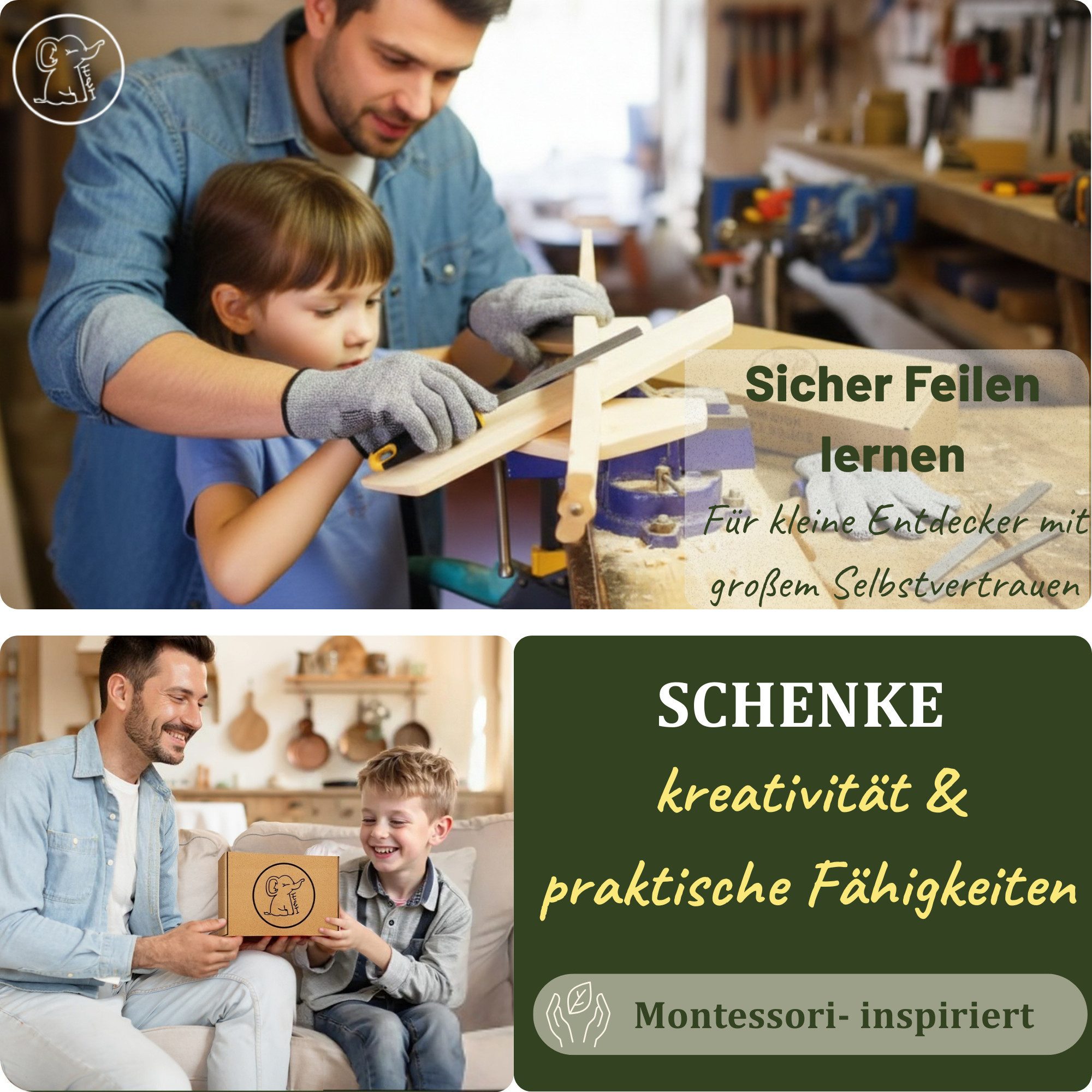 Eli Raspel 3 Holzfeilen Set für Kinder inkl Schutzhandschuhe - Holzraspel, (Werkzeug für Holz - rund - halbrund - flach für Holzbearbeitung), Kinderwerkzeug - Geschenk für Junge - Mädchen