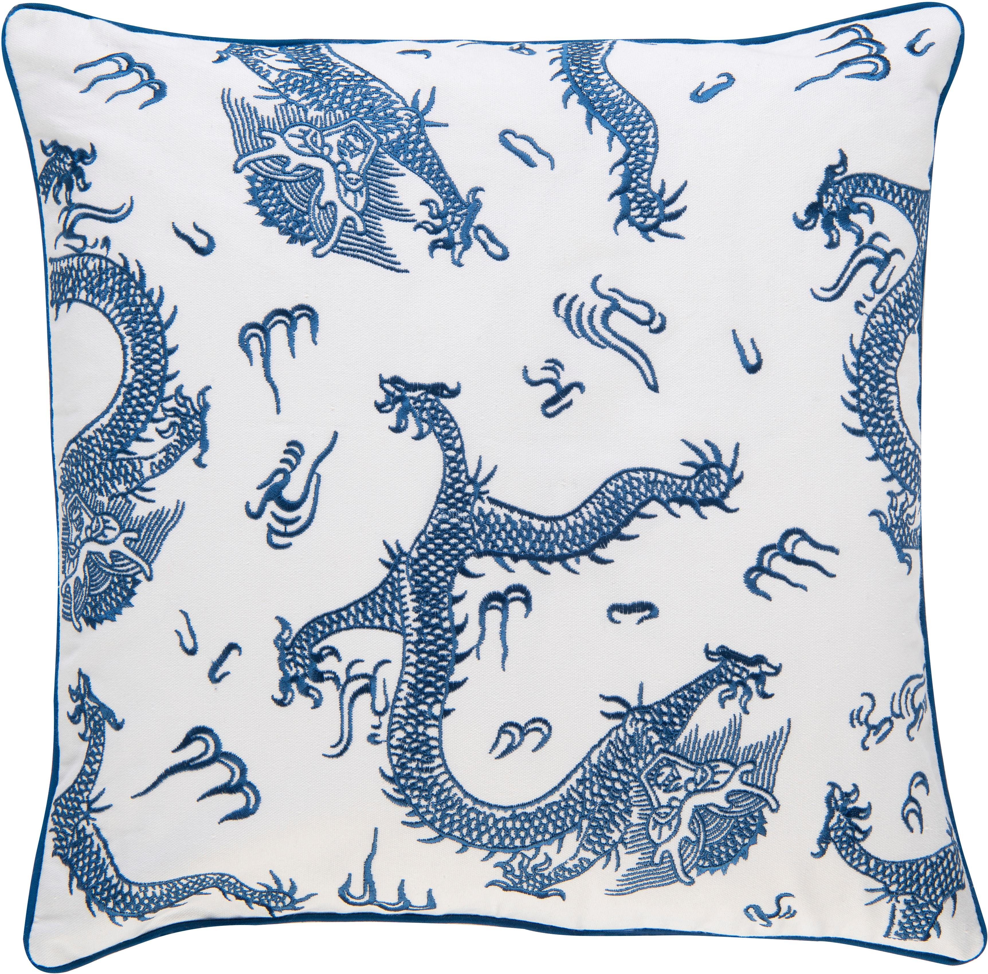 Home Füllung blau-weiß, Kissenhülle cm BARBARA Collection 50x50 aus Dekokissen Leinwandgewebe, ohne besticktem 01 Dragon