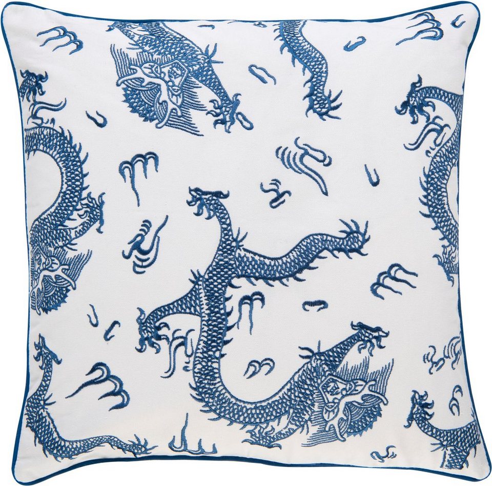 BARBARA Home Collection Dekokissen Dragon 01 blau-weiß, Kissenhülle ohne  Füllung aus besticktem Leinwandgewebe, 50x50 cm