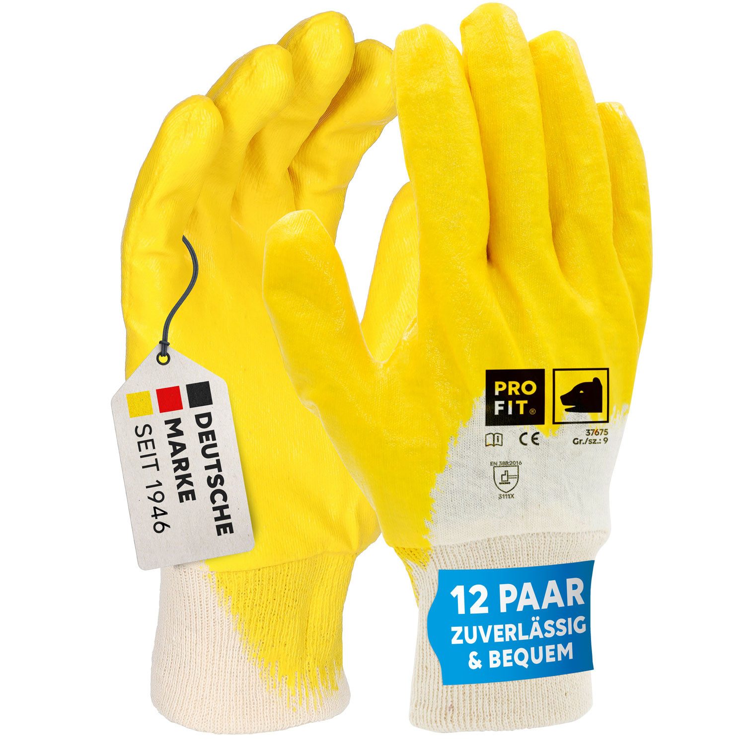 PRO FIT Nitril-Handschuhe Arbeitshandschuhe, Gartenhandschuh ¾ beschichtet, Mechaniker-Handschuh (12, Paar) Wasserdichte Handinnenfläche
