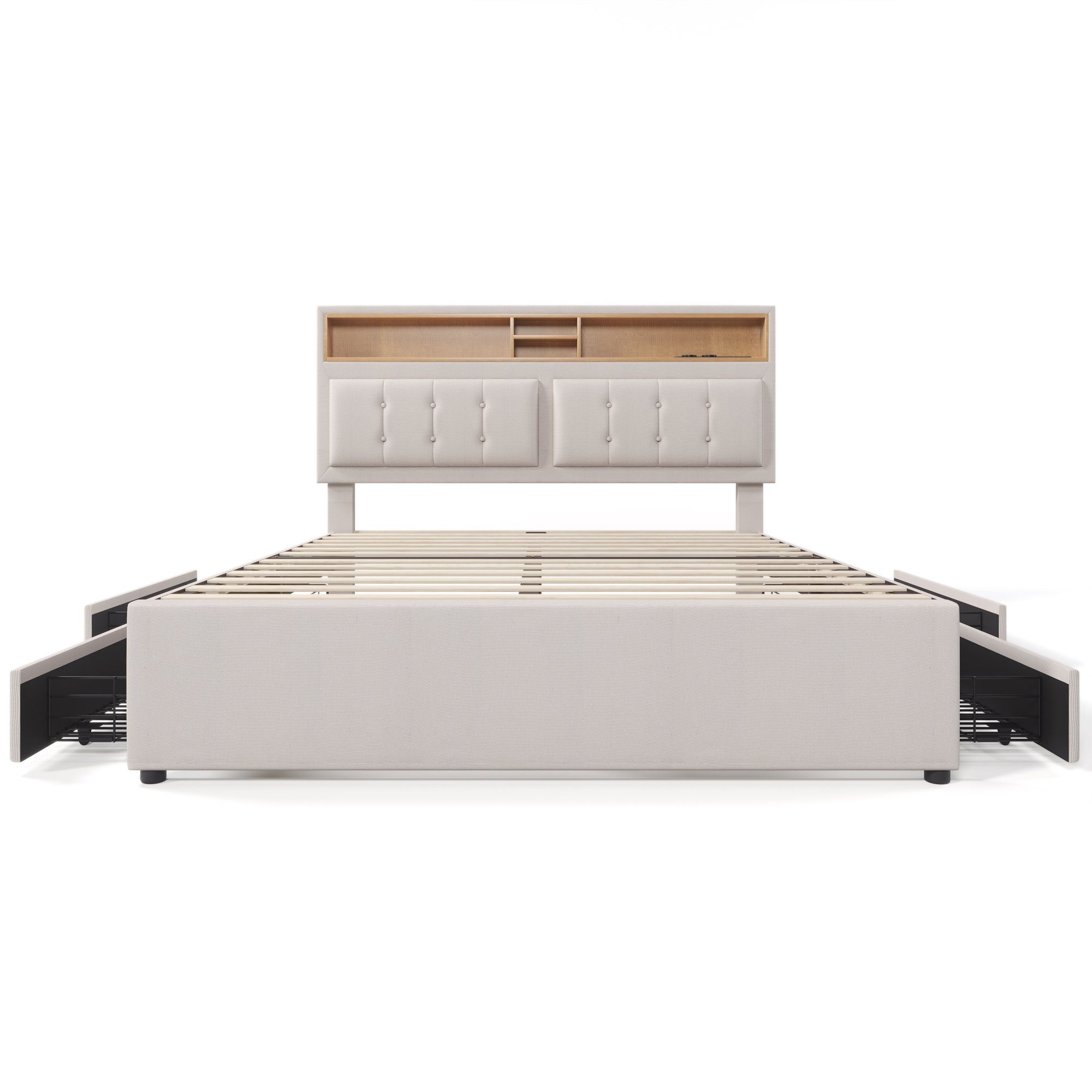 Polsterbett (Doppelbett mit Lattenrost und 4 Schubladen), Stauraumbett 160x200cm mit USB Typ C Ladefunktion Kopfteil, Leinen