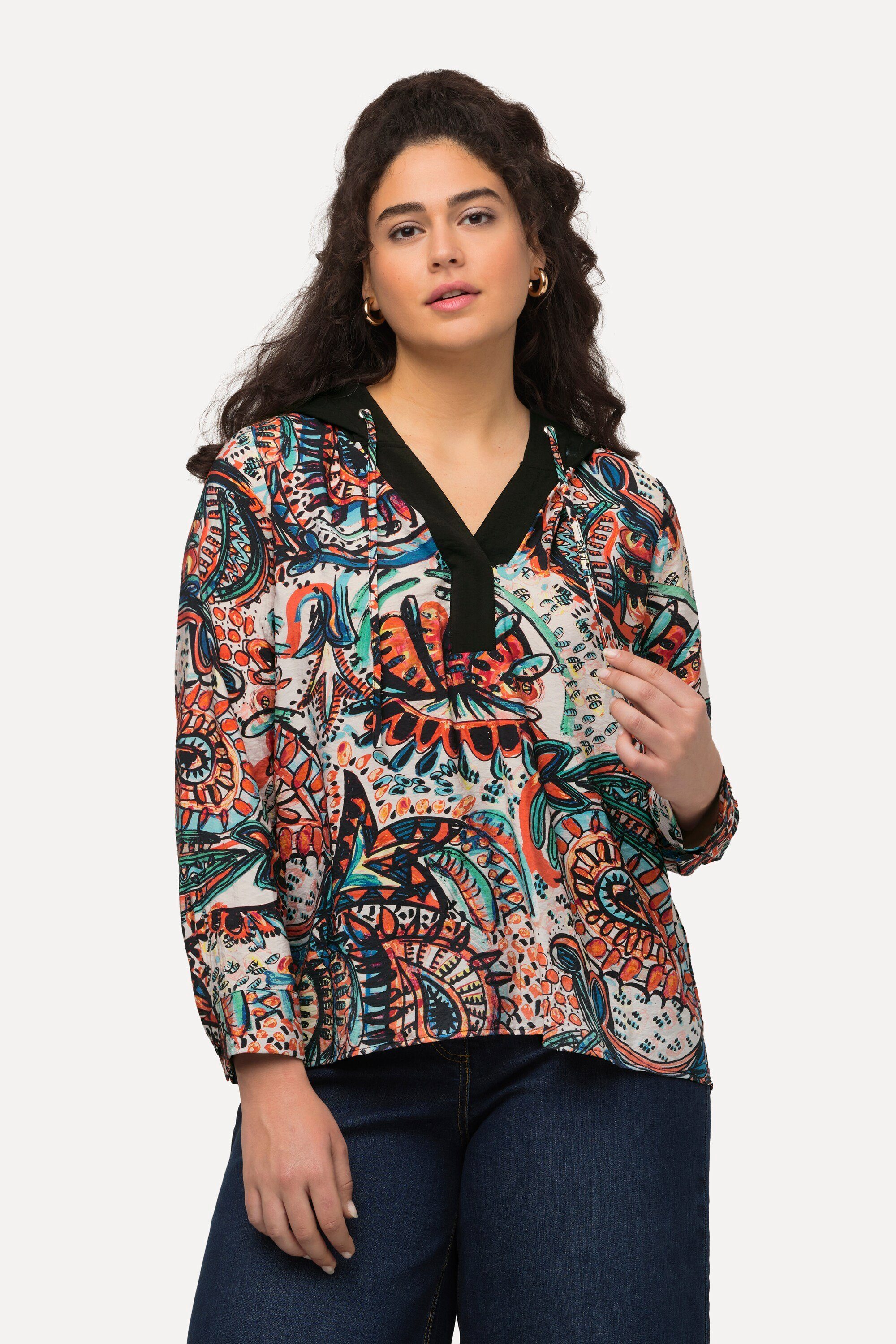Longbluse Kapuzen-Bluse Paisley A-Linie V-Ausschnitt Langarm