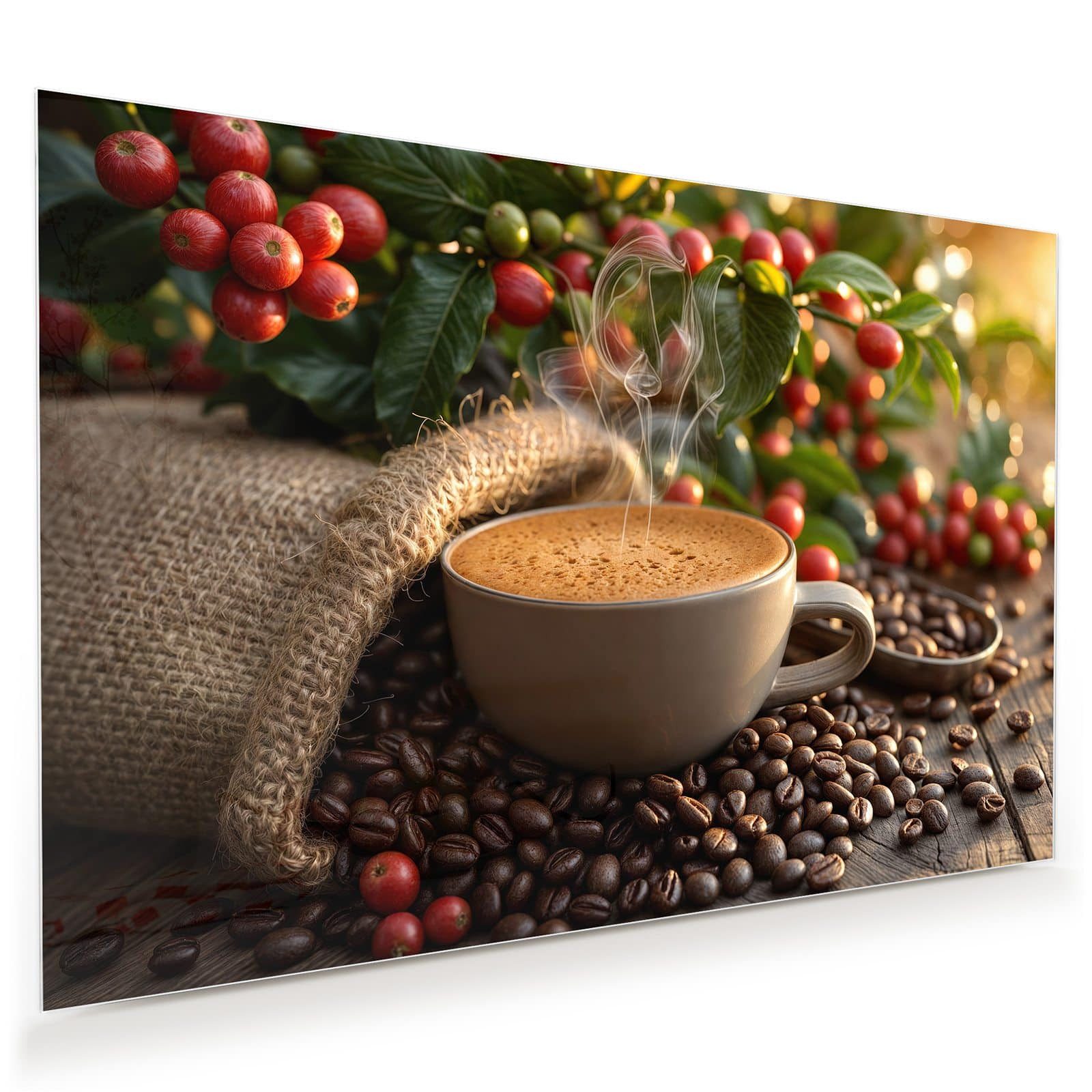 Primedeco Glasbild Wandbild Kaffeeerntemorgen mit Aufhängung, günstig online kaufen