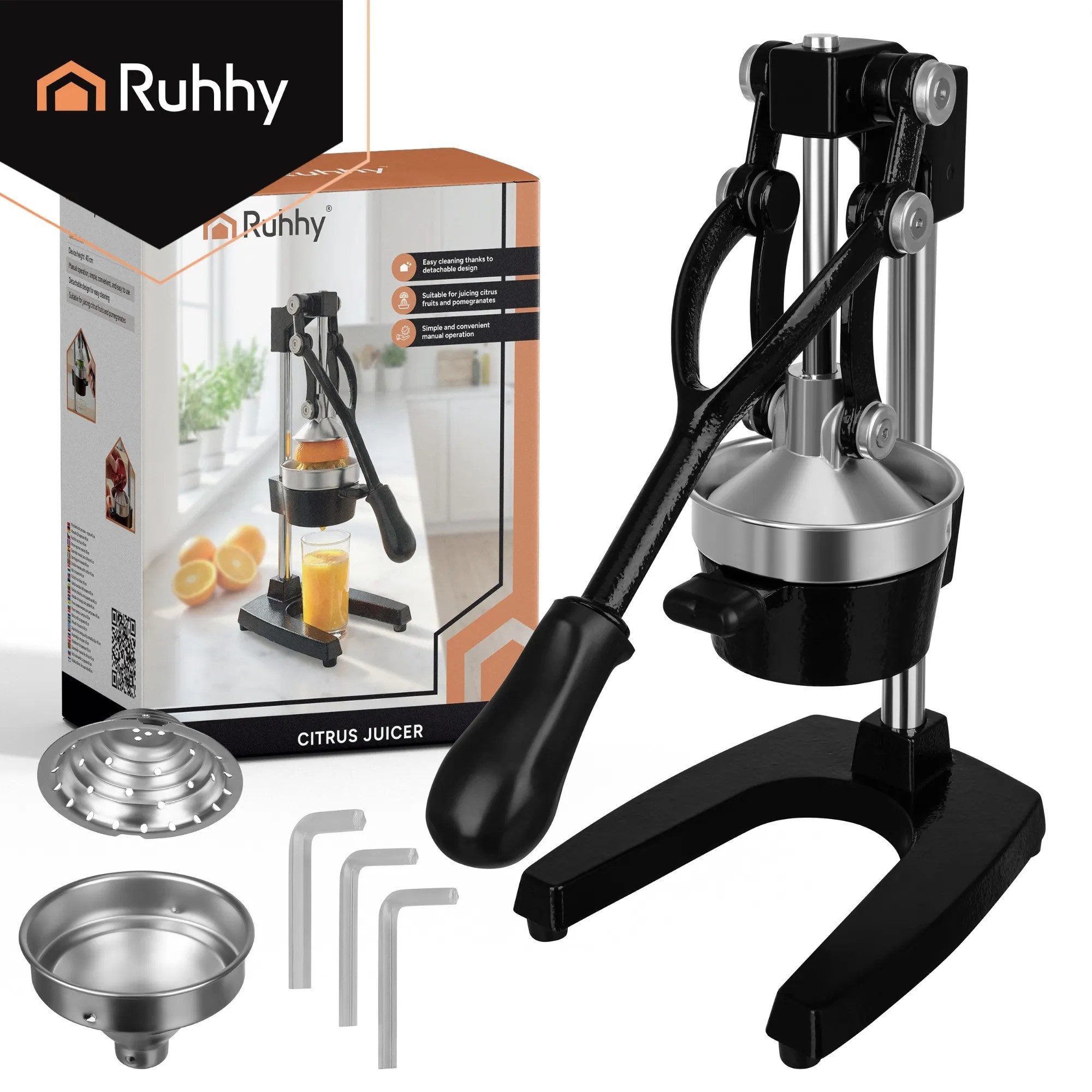 Ruhhy Zitruspresse Handsaftpresse Hebelpresse Orangenpresse, Gusseisen, Hebelpresse, abnehmbare Teile, rutschfest