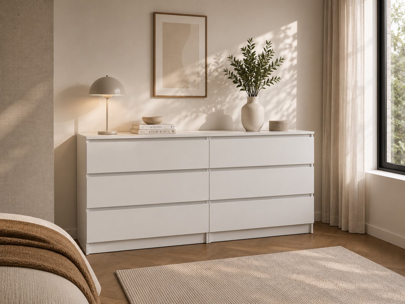 MOEBLO Kommode LOSKO 6S (Doppelkommode breite Schubladenkommode mit 6 tiefen Schubladen, grifflos, 180 cm, Weiß oder Kaschmir), (BxHxT): 180 × 86 × 42 cm