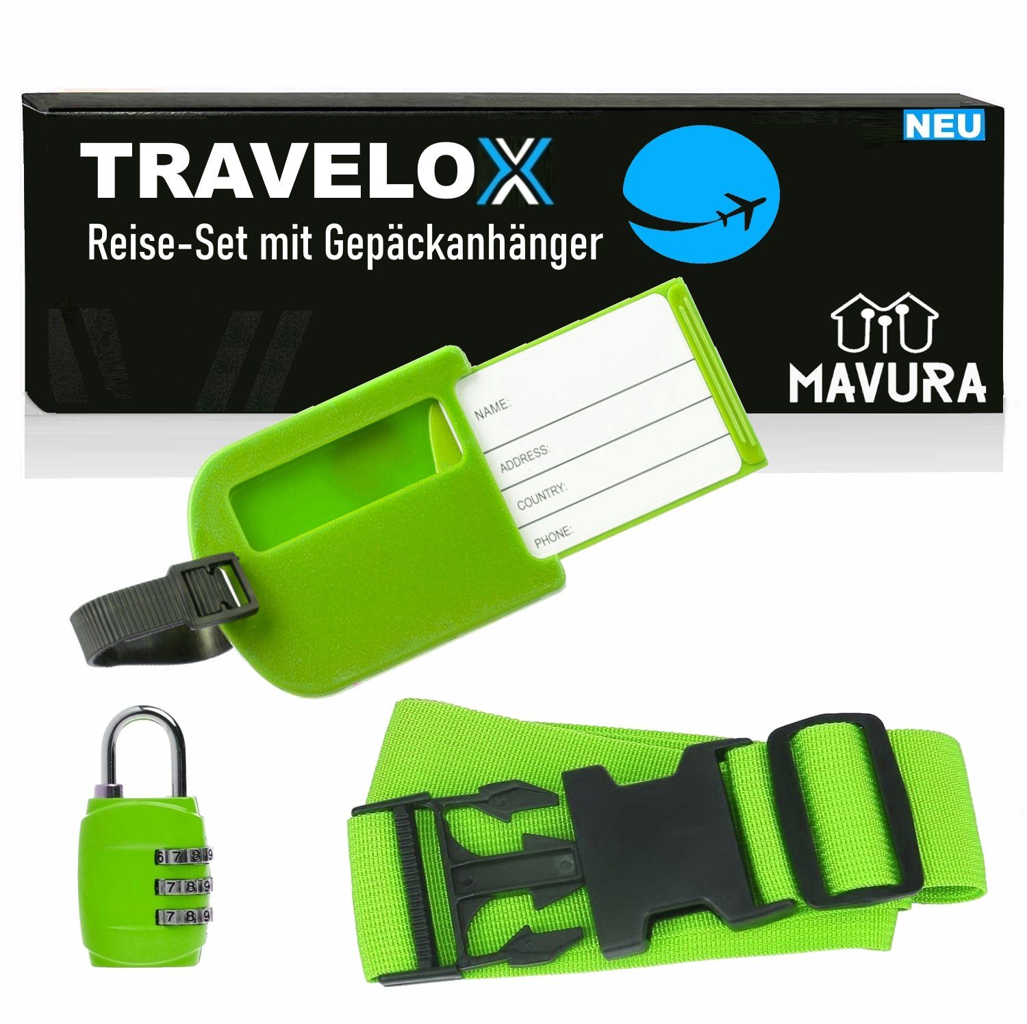 MAVURA Koffergurt TRAVELOX Reise-Set Kofferband mit, 3tlg (Adressanhänger Gepäckgurt & Gepäckanhänger Grün Adressschild Kofferanhänger), Zahlenschloss