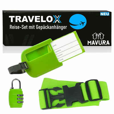 MAVURA Koffergurt TRAVELOX Reise-Set Kofferband Gepäckgurt Grün mit, (Adressanhänger Kofferanhänger), Adressschild Gepäckanhänger & Zahlenschloss 3tlg