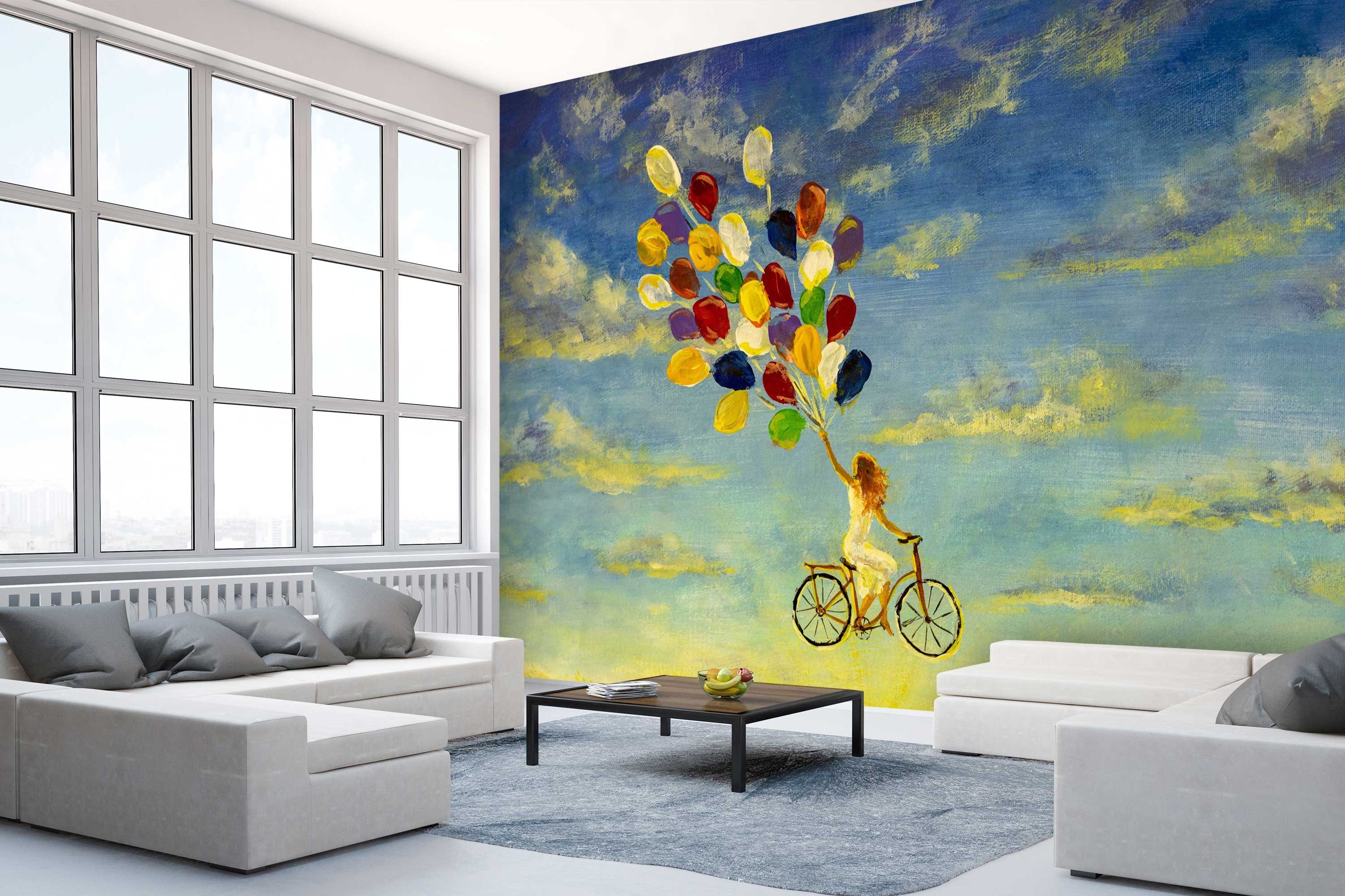 wandmotiv24 Fototapete Gemälde Frau mit glatt, Vliestapete Fahrrad, auf matt, Motivtapete, Wandtapete, Luftballons