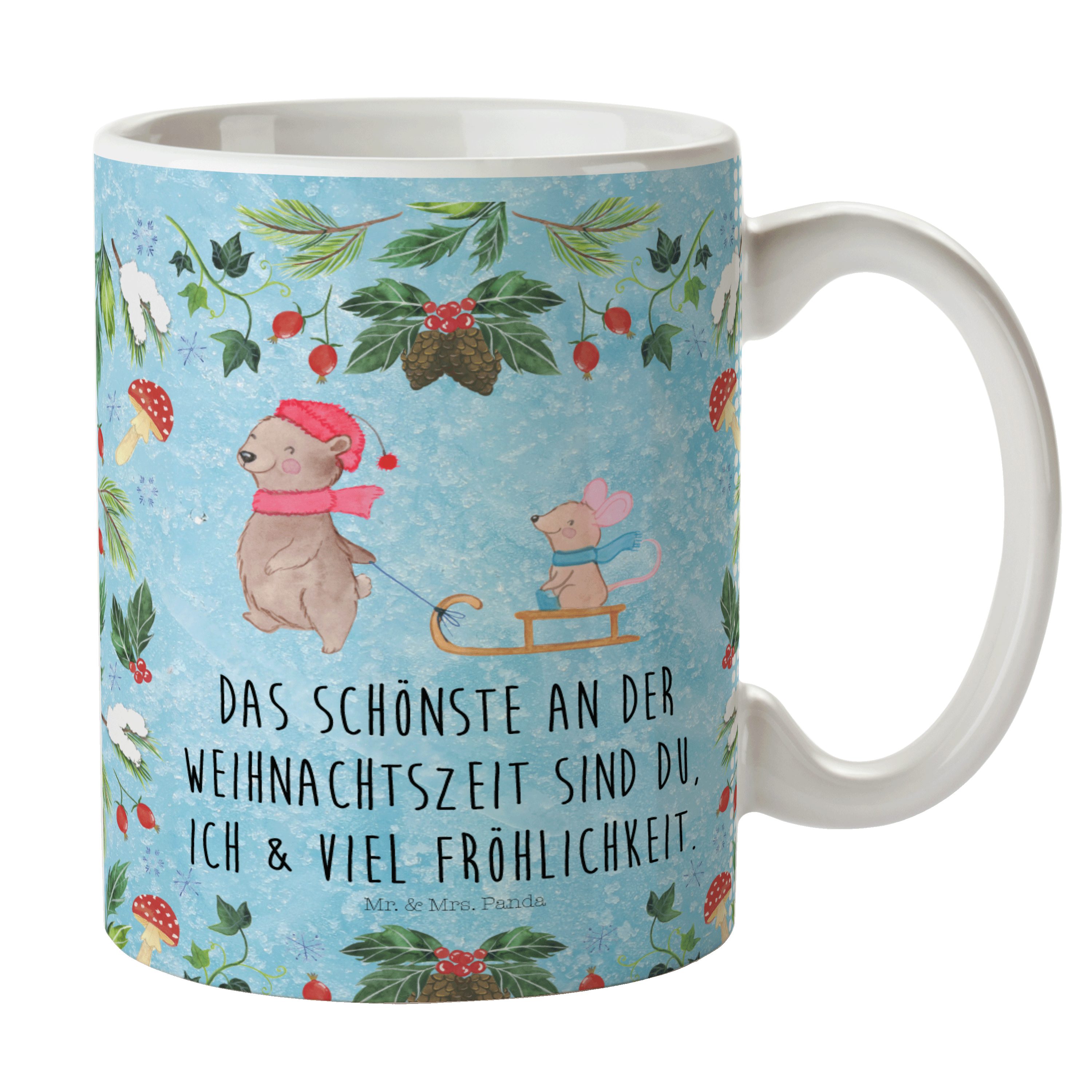 Mr. & Mrs. Panda Tasse Bär Maus Schlitten - Eisblau - Geschenk, Winter, Advent, Geschenk Tas, Keramik