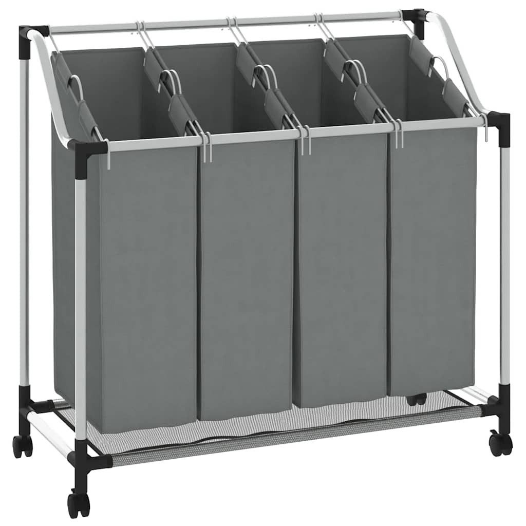 vidaXL Wäschekorb NA Wäschekorb mit Rollen 4 Fächer Grau Stahl 96x40x92 cm für einfache