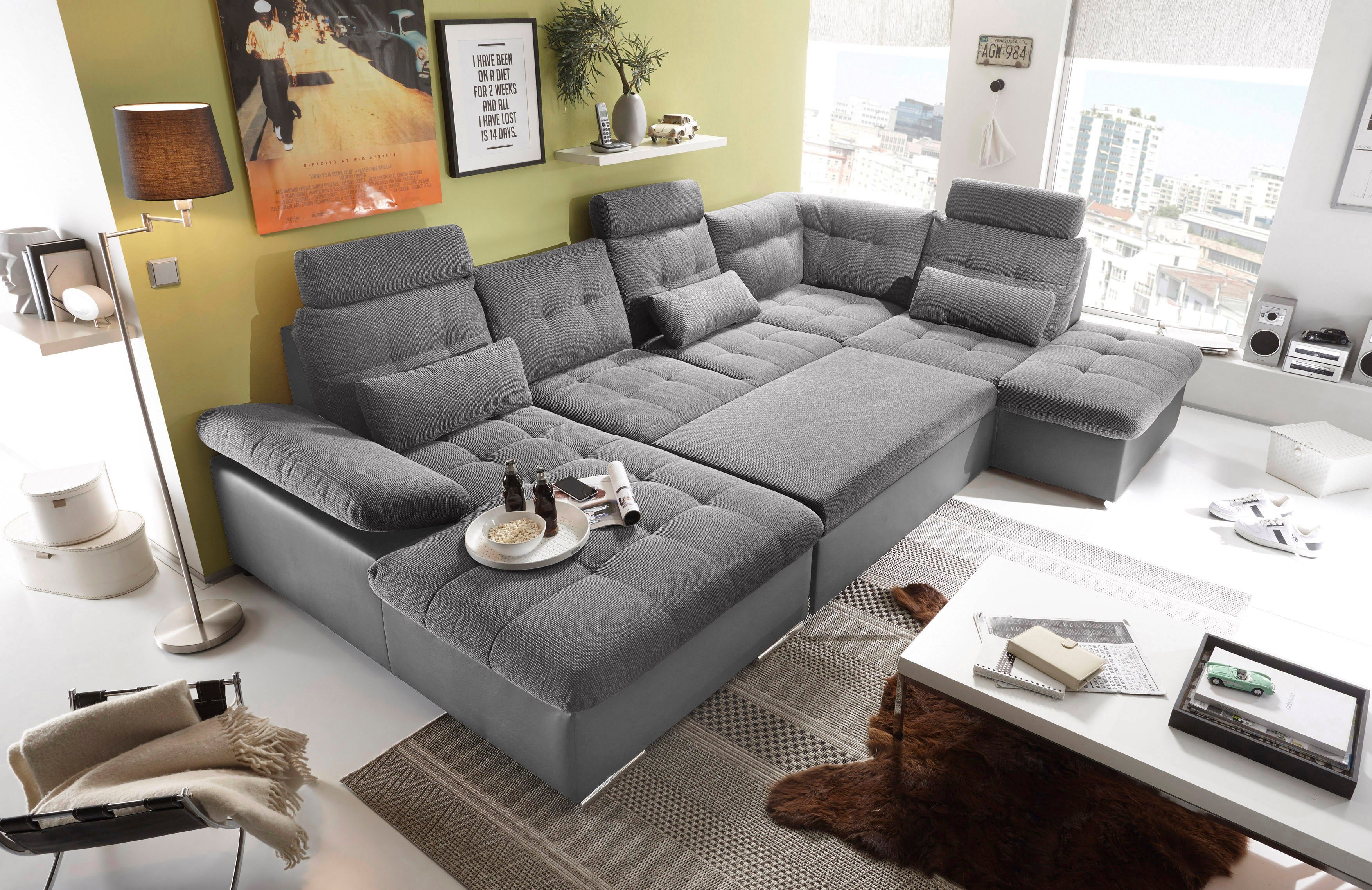 ED EXCITING DESIGN Wohnlandschaft Jakarta U-Form mit Bettfunktion, Bettkasten, Armteilverstellung, Kopfstützen & 3 Nierenkissen