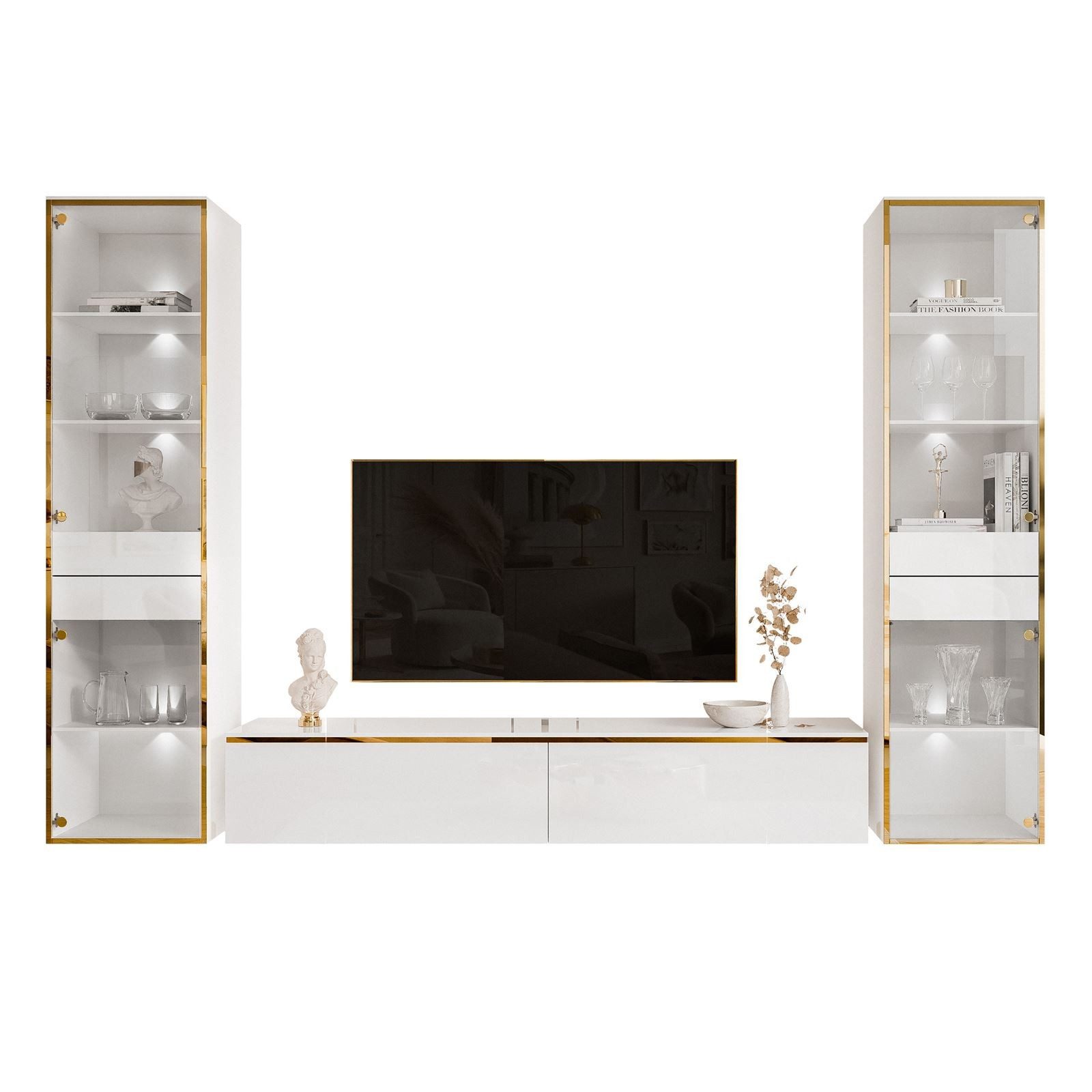 ALLHOUSE24 Wohnzimmer-Set Möbelset PEONY GOLD mit LED weiß Hochglanz Glasvi günstig online kaufen
