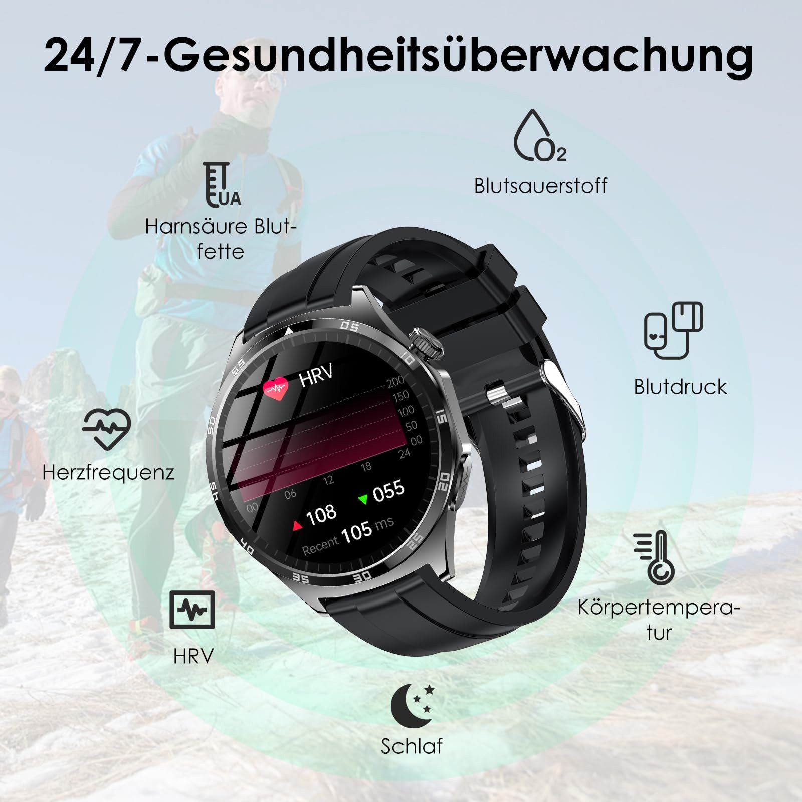 AIBISTAR Smartwatch, 1,43“ AMOLED, EKG, Blutdruck, 50 Sportmodi Smartwatch, EKG+PPG Technologie, Stressanalyse & Emotion, Kompatibel mit iOS & Android,Schlafqualitätsanalyse