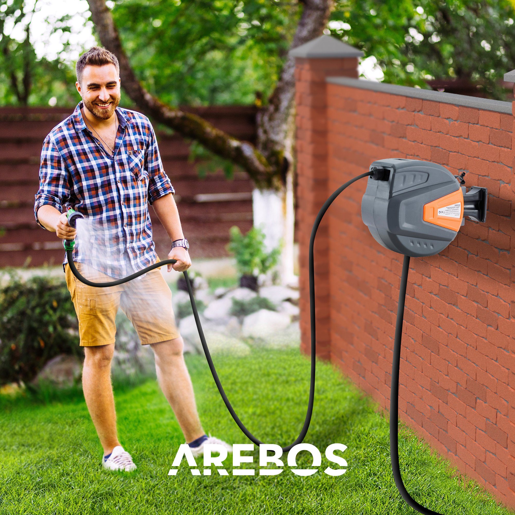 Arebos Schlauchaufroller 30 m, schwenkbare, Wand-Schlauchbox mit Arretierstop, (Stück, 30 m), UV-beständig Dank PVC & Polypropylen Gehäuse