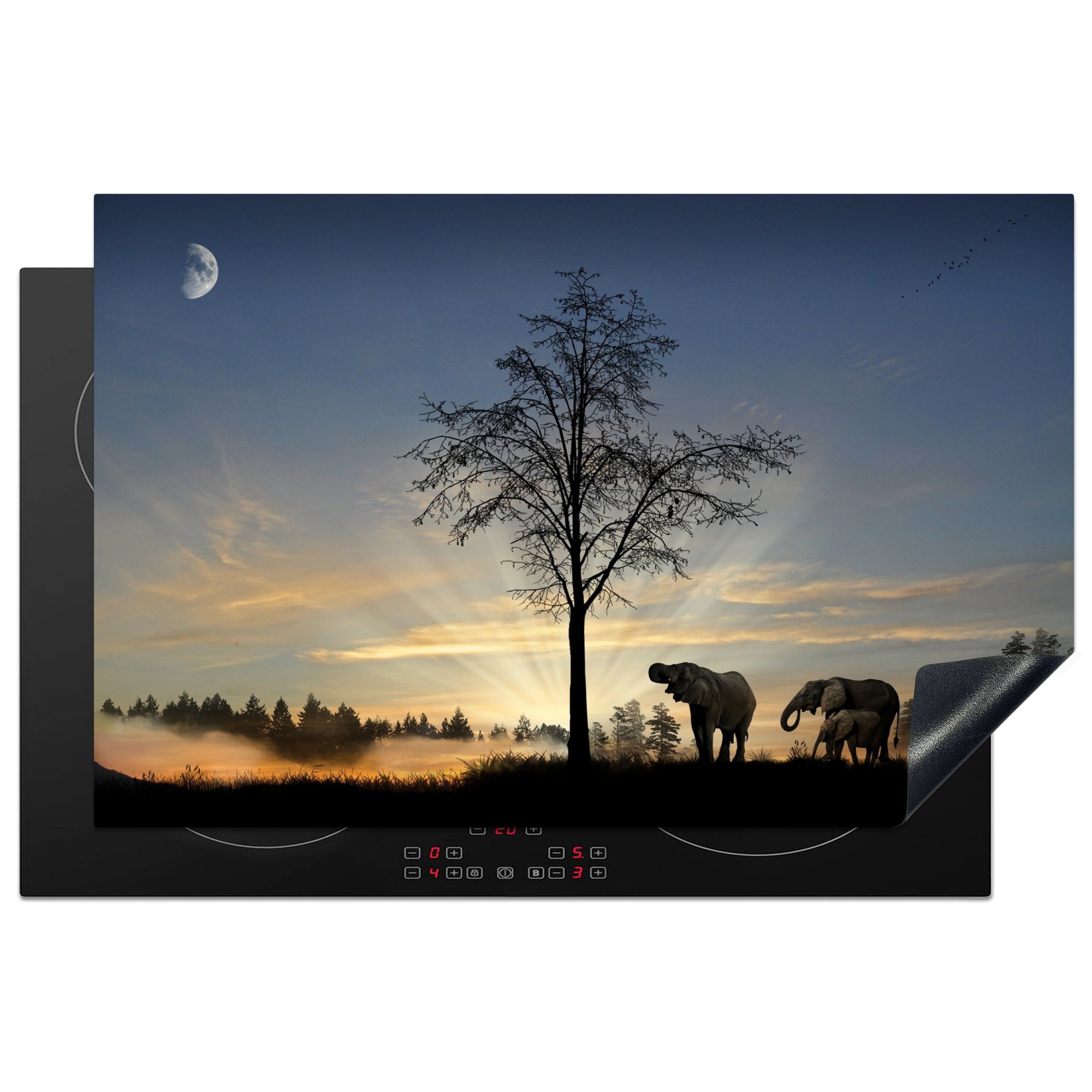 MuchoWow Herdblende-/Abdeckplatte Elefanten im Sonnenuntergang, Vinyl, (1 tlg), 81x52 cm, Induktionskochfeld Schutz für die küche, Ceranfeldabdeckung