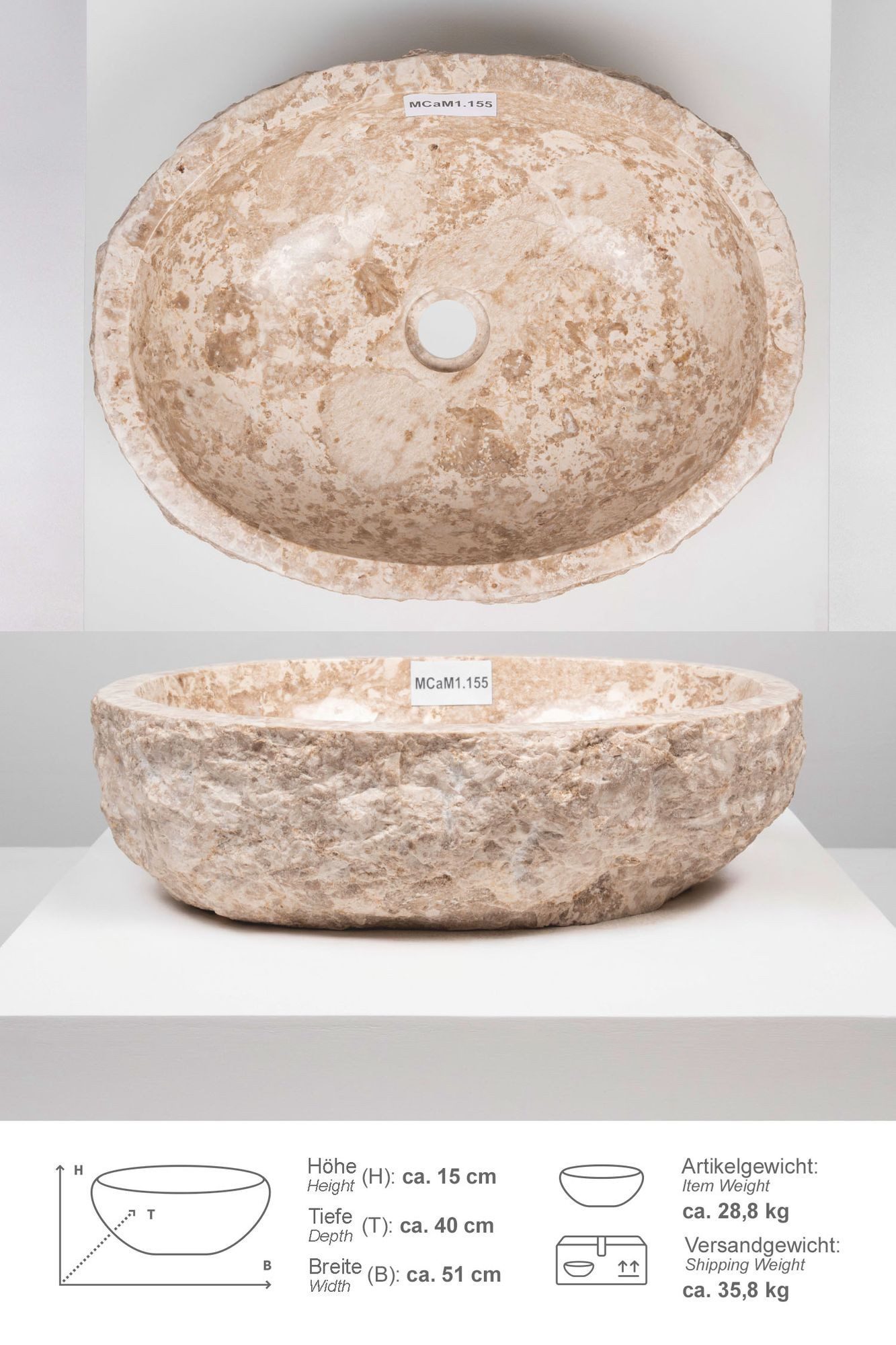 wohnfreuden Aufsatzwaschbecken Erosi Marmor Waschbecken 50 cm creme (Kein Set), 125881_MCaM1.155