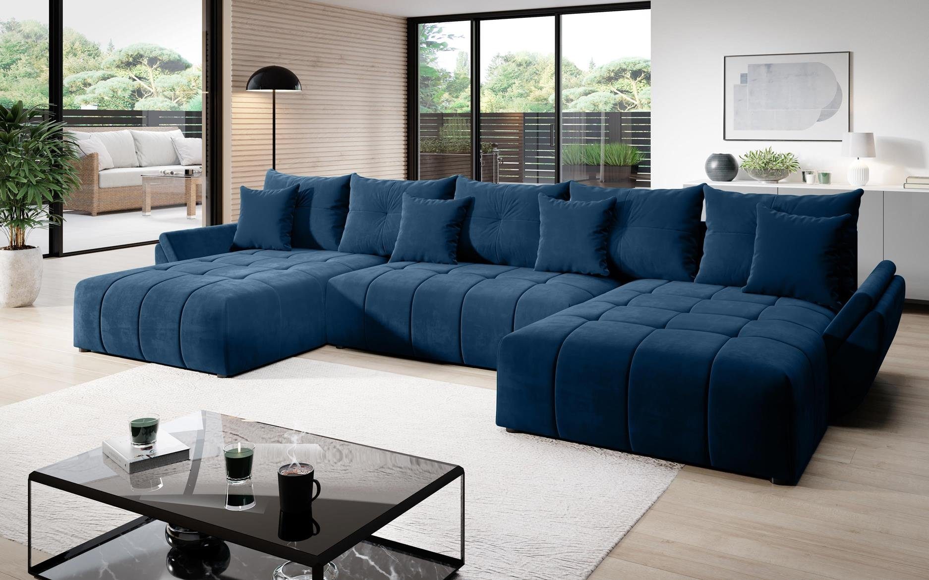 Furnix Schlafsofa CALVANI U Polstercouch in U-Form mit Bettkasten Kissen, 385 x 190 x 71/91 cm, hochwertig, made in Europe Dunkelblau MH77