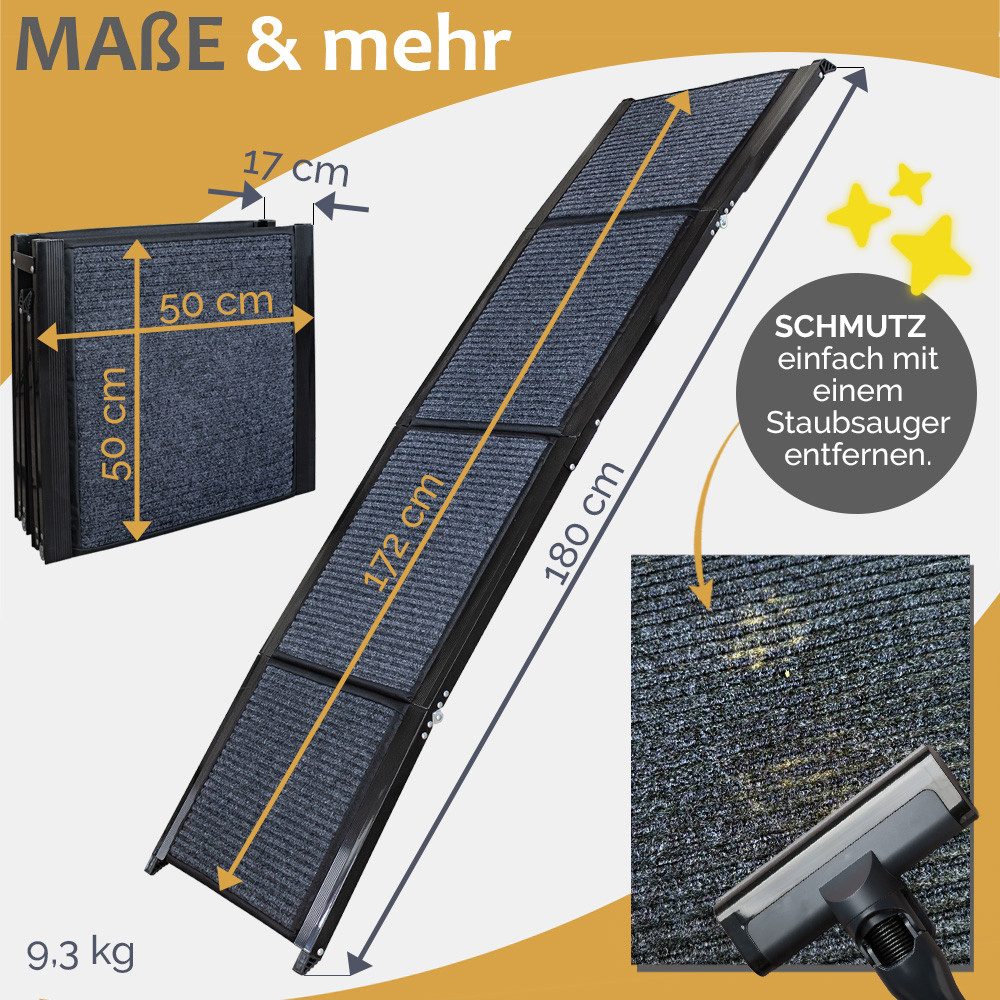 Petigi Hunderampe Hunderampe Teppich 180 cm klappbar Hund Einstieghilfe Hundetreppe