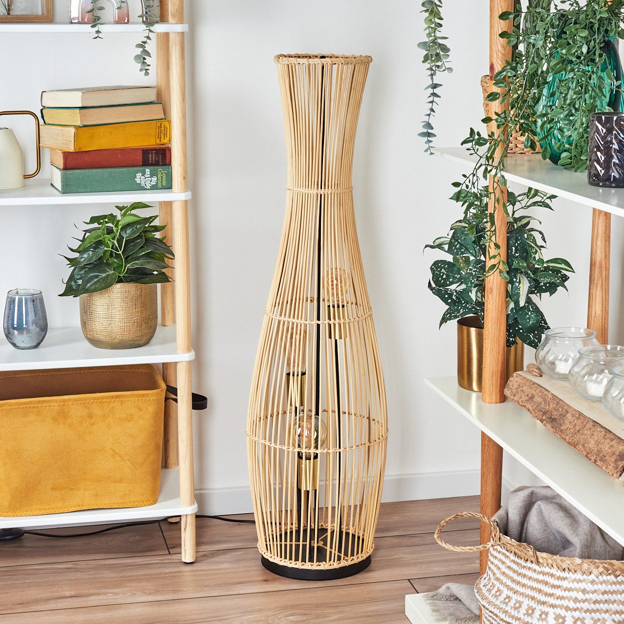 hofstein Stehlampe moderne Stehleuchte aus Metall/Bambus in Schwarz/Naturfarben, ohne Leuchtmittel, mit Fußschalter am Kabel, Ø 29,5 cm, 3 x E27, ohne Leuchtmittel