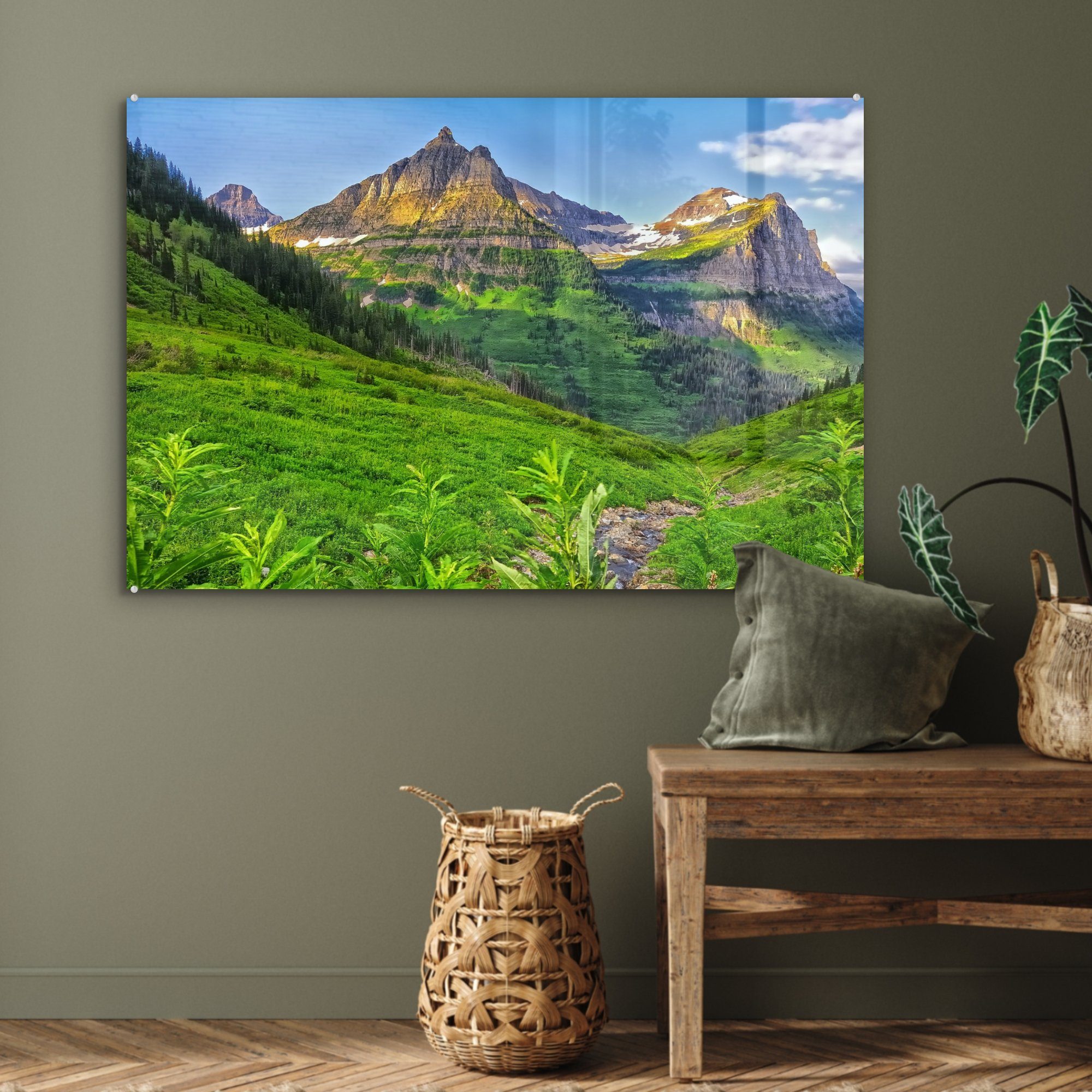 USA, Glacier National in Schlafzimmer Grün Park MuchoWow & im (1 Acrylglasbild gefärbte Wohnzimmer Berge den Acrylglasbilder St),