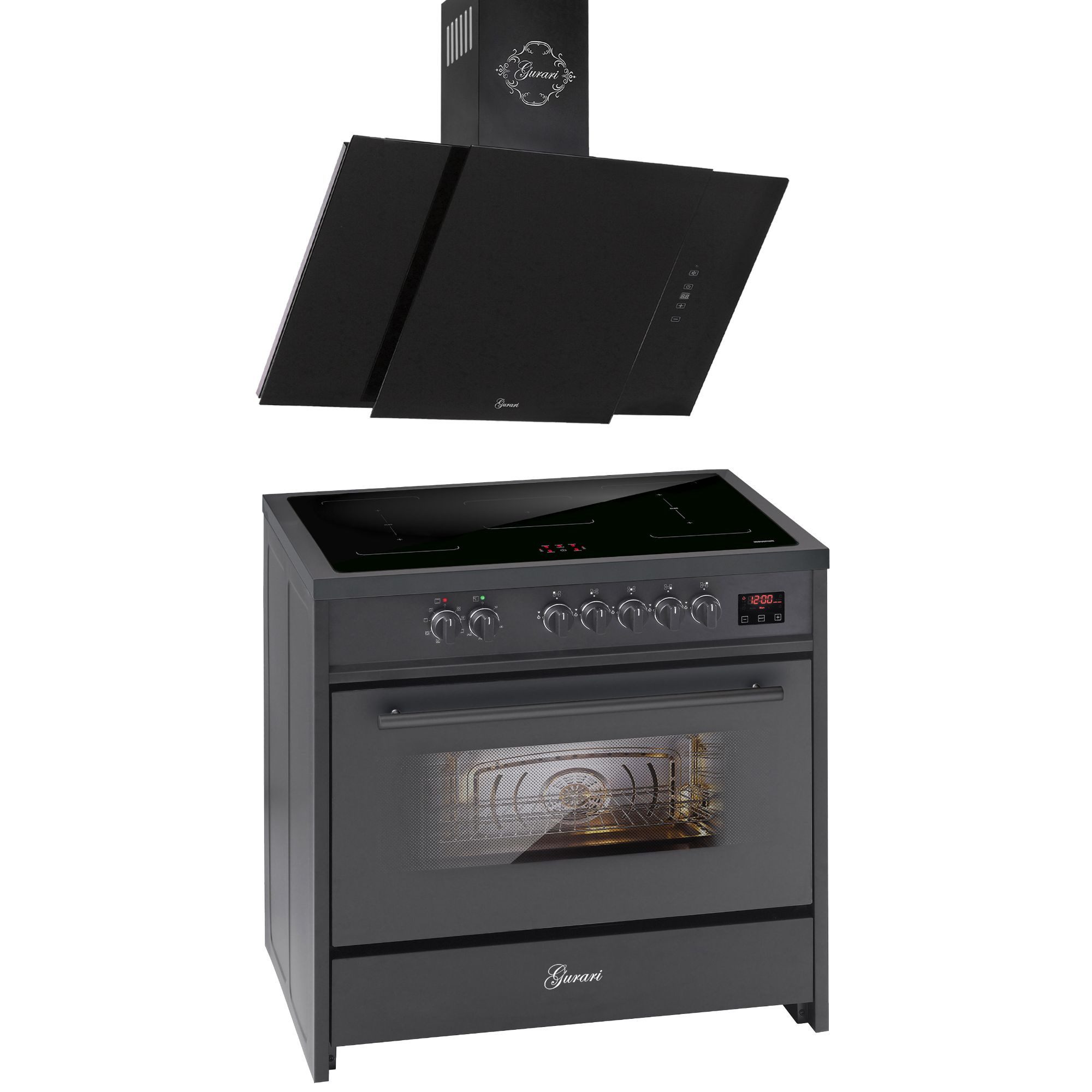 GURARI Induktions-Standherd Range Cooker 90 cm, Schwarz, 5 Kochzonen, 121L+Dunstabzugshaube 90 cm E 913 BL+GCH S 171 BL 90 Prime., mit 1-fach-Teleskopauszug