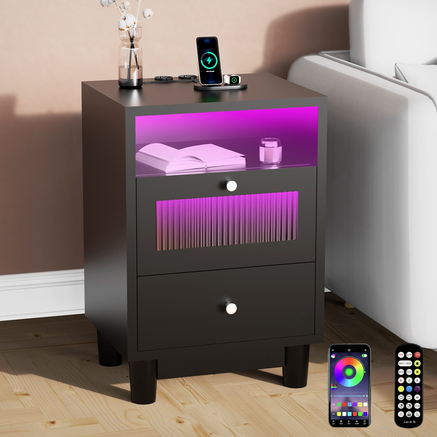 oyajia Nachttisch mit LED-Beleuchtung und Ladefunktion, Beistelltisch (Nachtschrank Beistelltisch mit 2 Schubladen und 1 offener Ablage), 2 AC-Steckdosen, 1 typ C+1 USB-Anschlüsse, 40x35x61cm