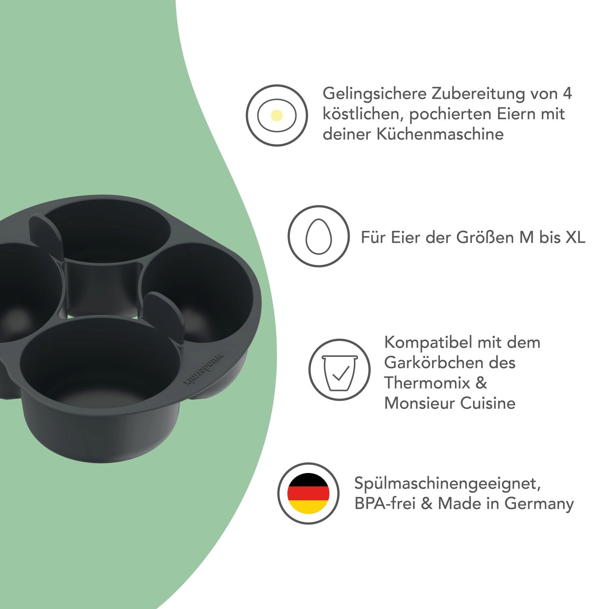 Wundermix Küchenmaschinen Zubehör-Set WunderPoach® for four für Thermomix, Zubehör für TM7, TM6, TM5, TM31, TM Friend, MC Connect, MC Smart, MC Trend, MC Plus, Bosch Cookit, Pochiereinsatz für Mixtopf - MADE IN GERMANY