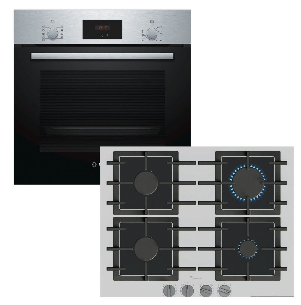 BOSCH Backofen-Set 3D-Heißluft Schnellaufheizung Teleskop + Gaskochfeld weiß stufenlos
