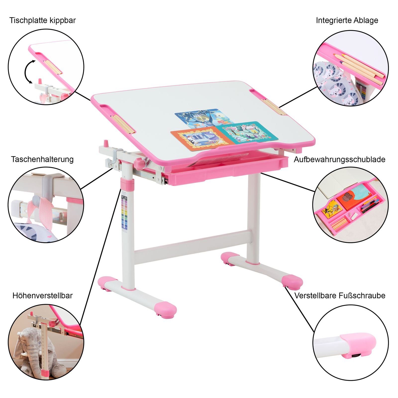 CARO-Möbel Kinderschreibtisch TUTTO, Lerntisch mit Stuhl höhenverstellbar & neigbar mit Stiftrinne weiß/ros