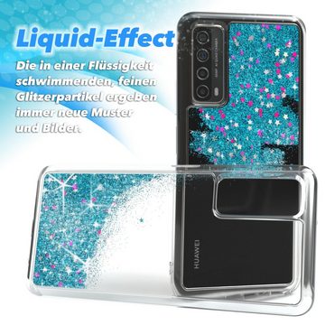 EAZY CASE Handyhülle Liquid Glittery Case für Huawei P Smart 2021 / Y7a 6,67 Zoll, Gloss Slimcover Girly Backcover Bling Phone Case kratzfeste Cover Blau
