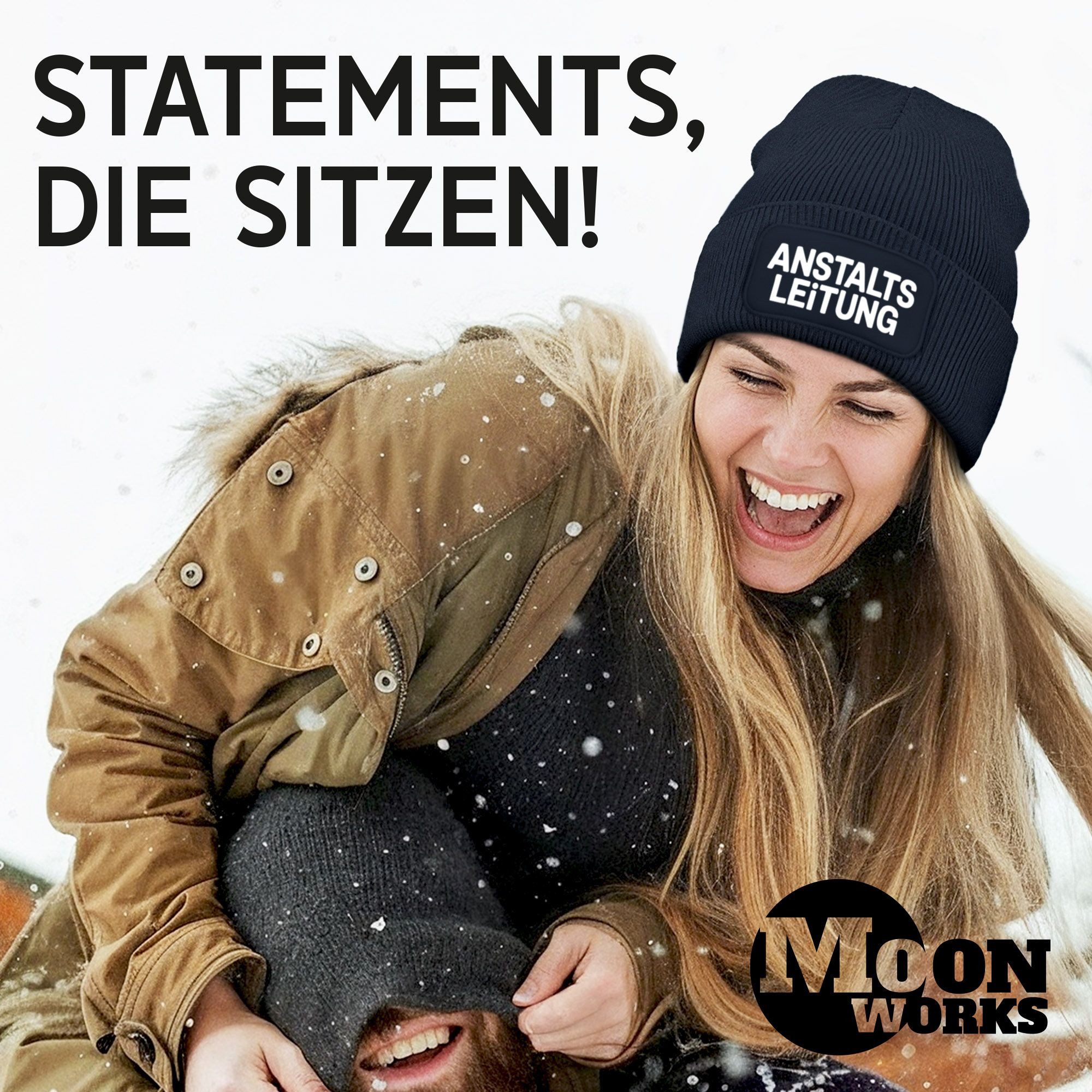 MoonWorks Strickmütze Damen Beanie Patch Bedruckt Lustig Anstaltsleitung Strickmütze mit