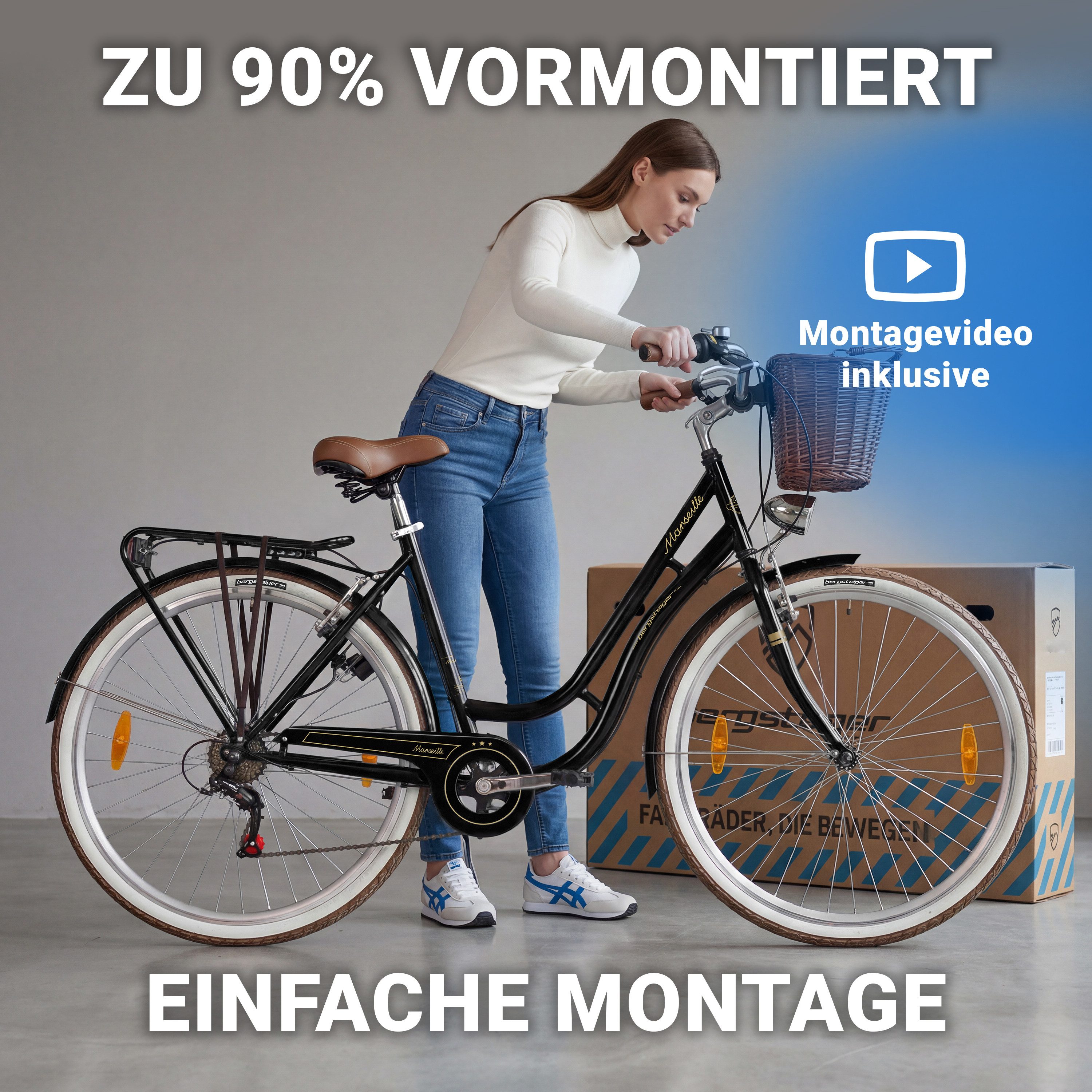 bergsteiger Cityrad Marseille 26 Zoll, 28 Zoll Damenfahrrad, ab 150 cm, Korb aus Rattan, 6 Gang, Kettenschaltung, V-Bremsen – Bild 5 von 5