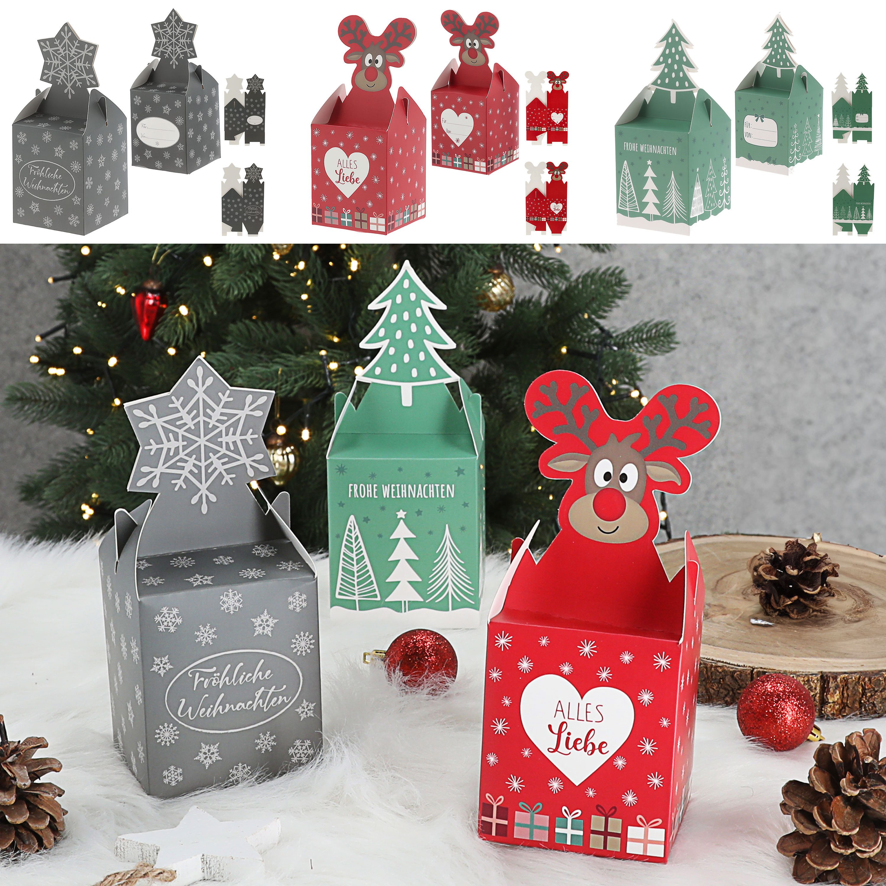 CEPEWA Geschenkbox Süßigkeitenbox 3er Set Weihnachtsmotive Papier 8,5x10x8,5cm Schachtel