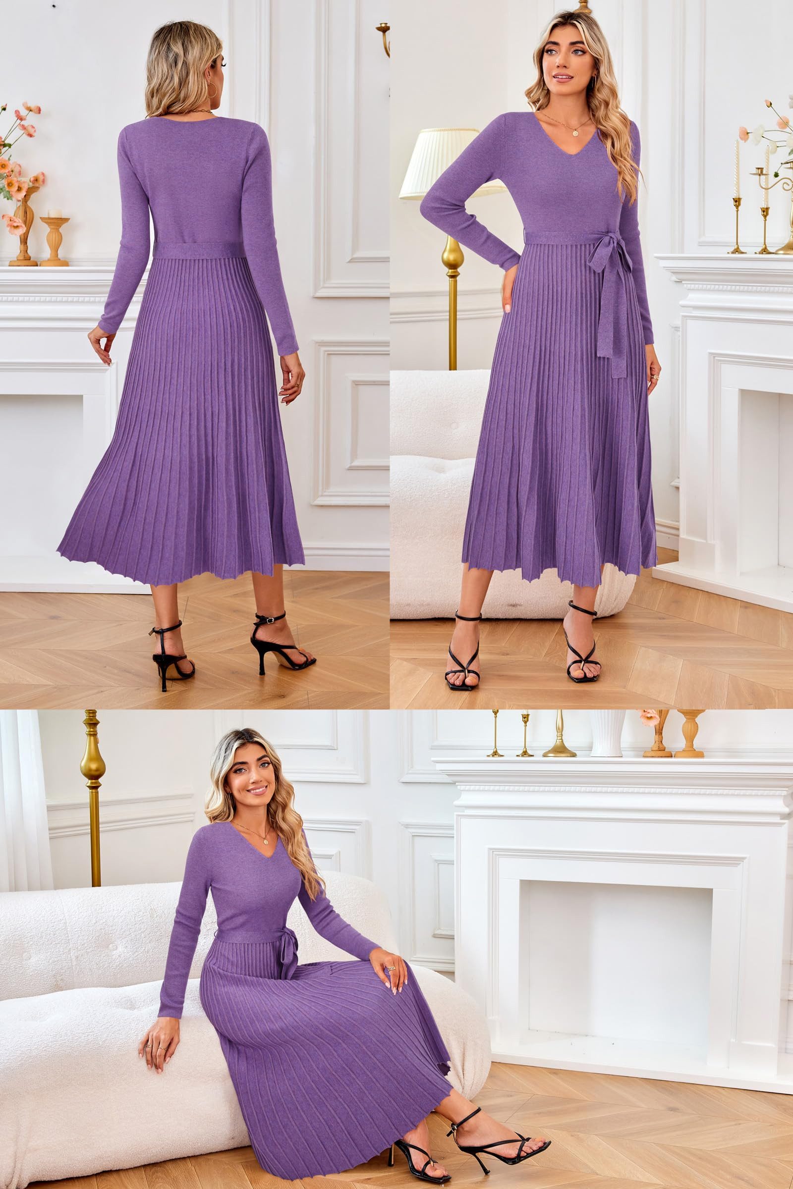 Arach&Cloz Strickkleid Damen Pulloverkleid Herbst Winterkleid Lang Plissee V-Ausschnitt Langarm Elegant Midi Kleider Winter