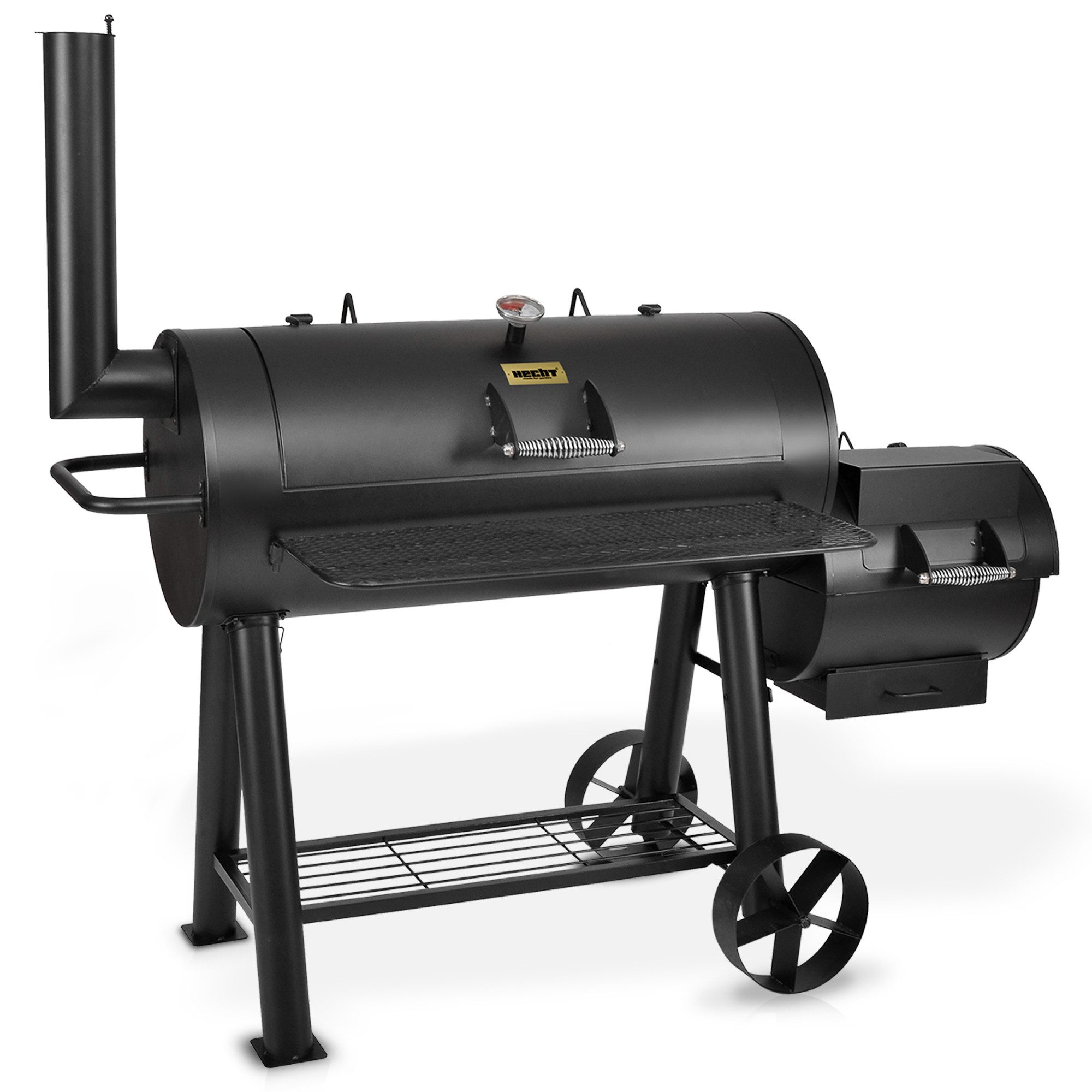 Hecht Smoker Sentinel MAX XXL BBQ Grillwagen Holzkohle mit Side-Fire-Box, Standgrill Räuchergrill mit Deckelthermometer 500 °C, 2 Garkammern