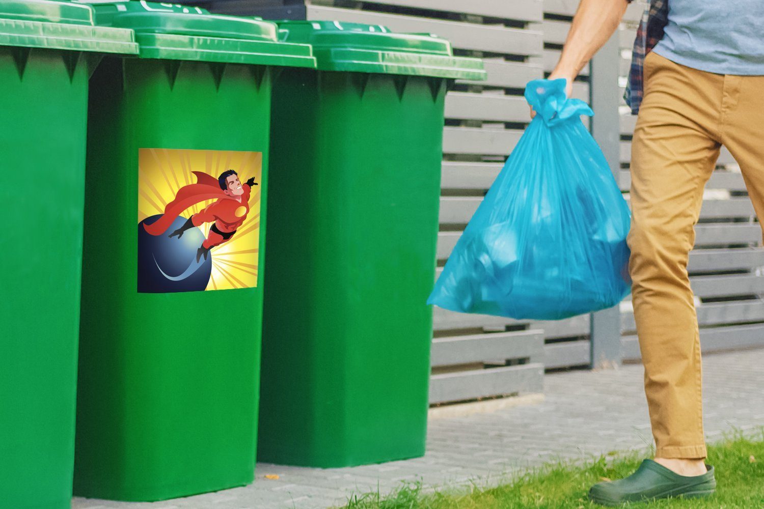 (1 der MuchoWow Sticker, Eine Mülleimer-aufkleber, St), fliegt eines Illustration - Wandsticker Mülltonne, die Abfalbehälter Container, Superhelden, Welt Jungen über