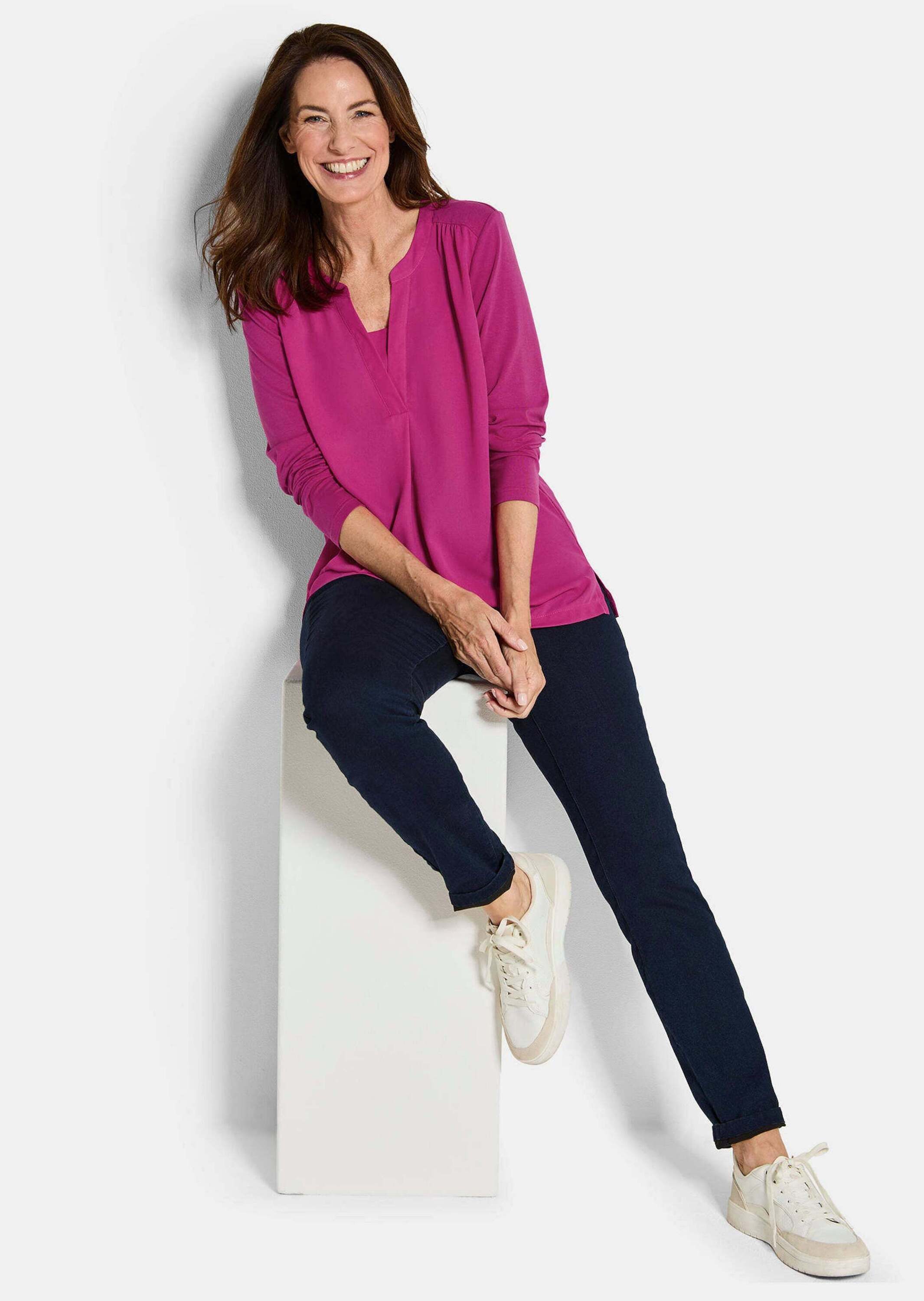 GOLDNER Shirtbluse Elegantes Chiffonshirt mit Jersey-Details Langarmshirt mit Rundhals und V-Schlitz und langen Ärmeln