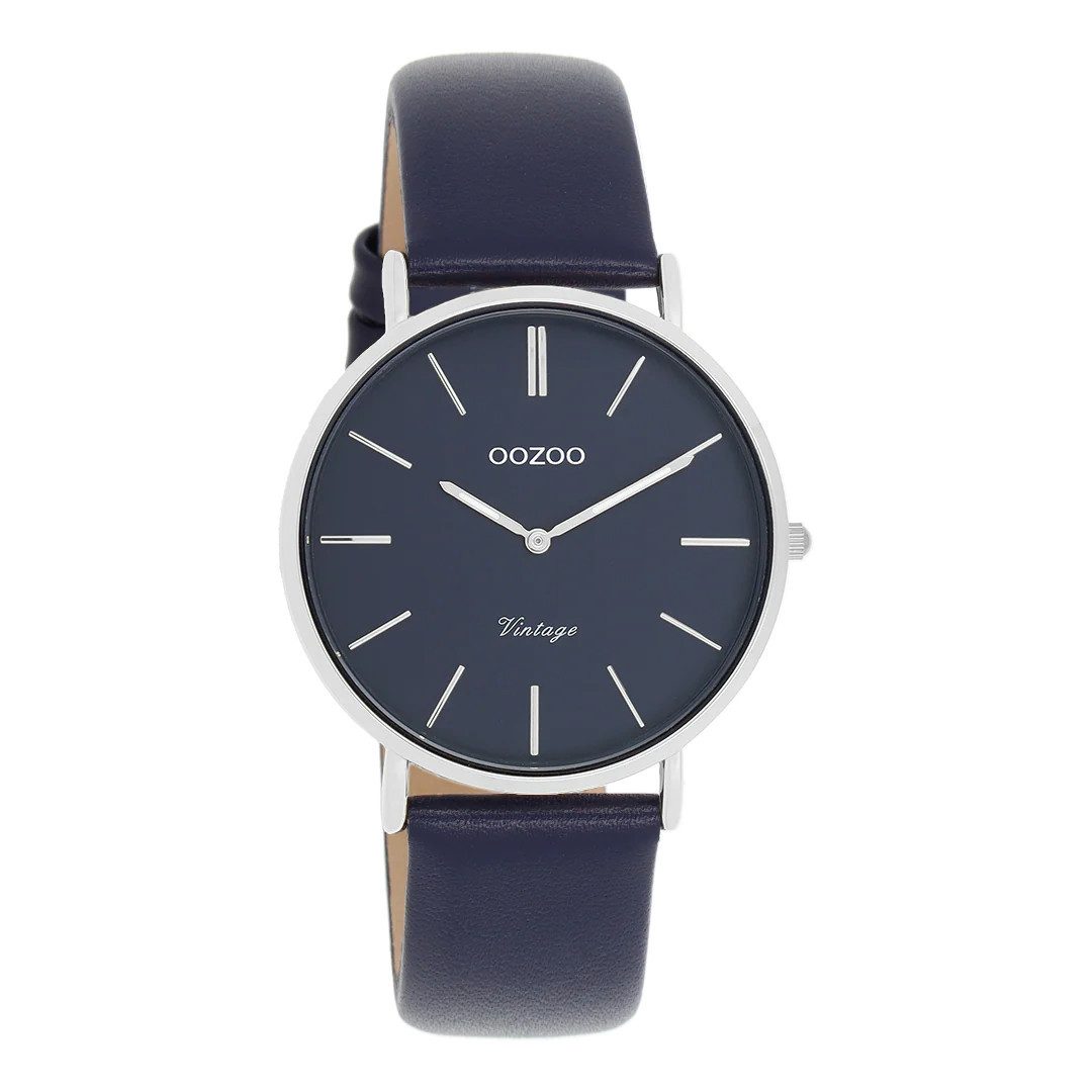 Quarzuhr Damenuhr C20441 Vintage Dunkelblau Lederband Silberfarben 36 mm
