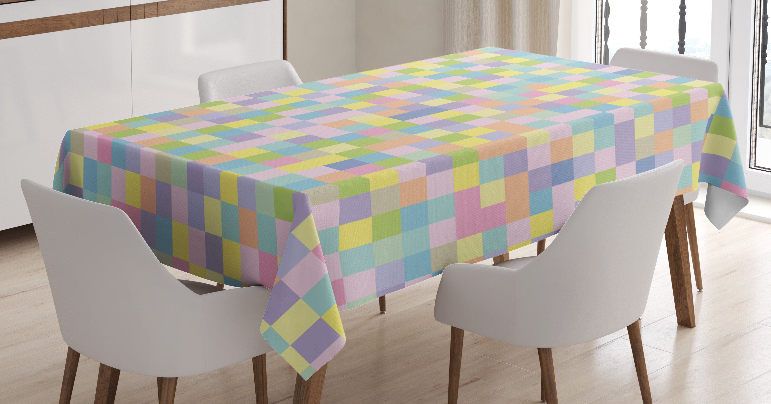 Abakuhaus Tischdecke Farbfest Waschbar Für den Außen Bereich geeignet Klare Farben, Pastell Bunte Quadrate Mosaik