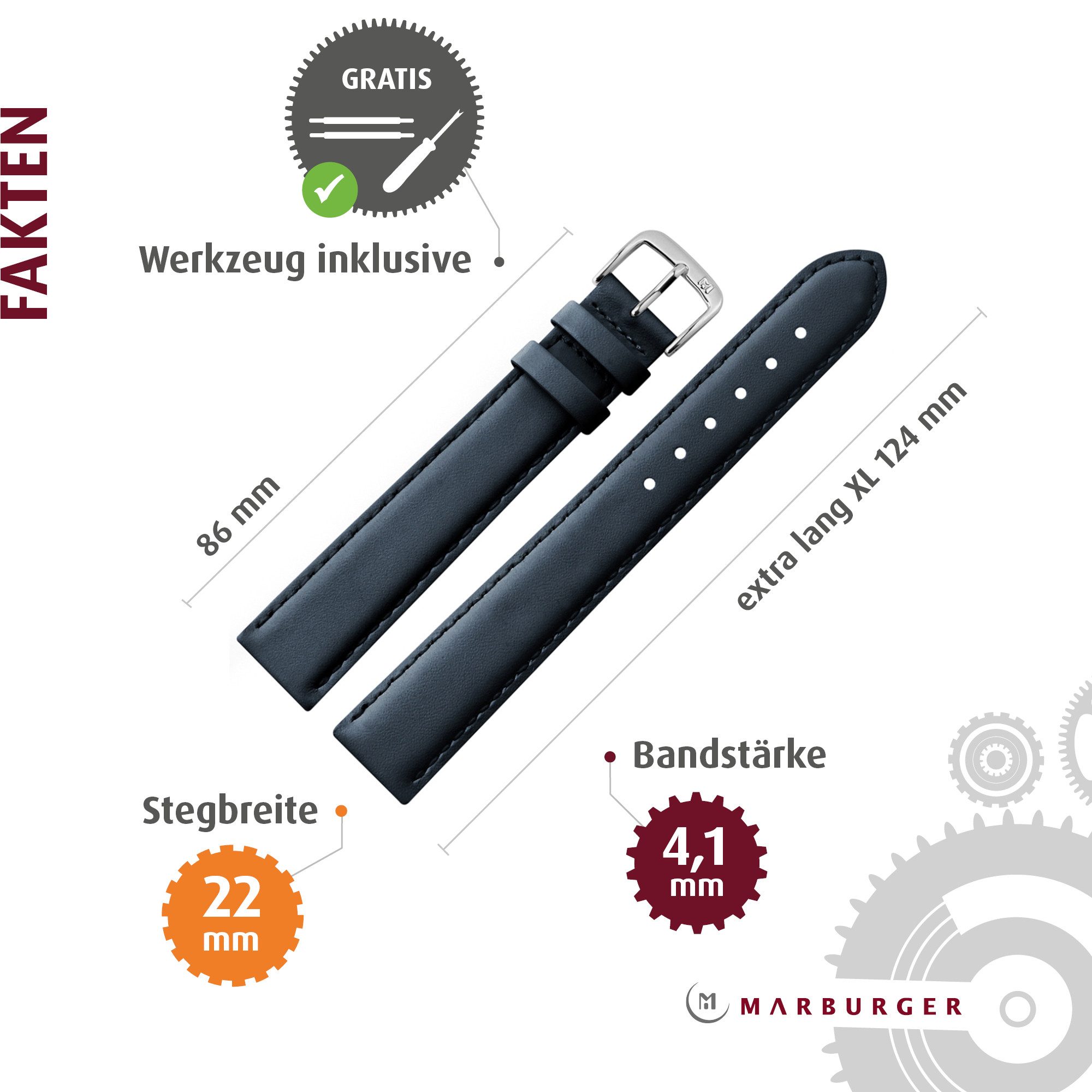 MARBURGER Uhrenarmband 22mm Leder XL Extra Lang